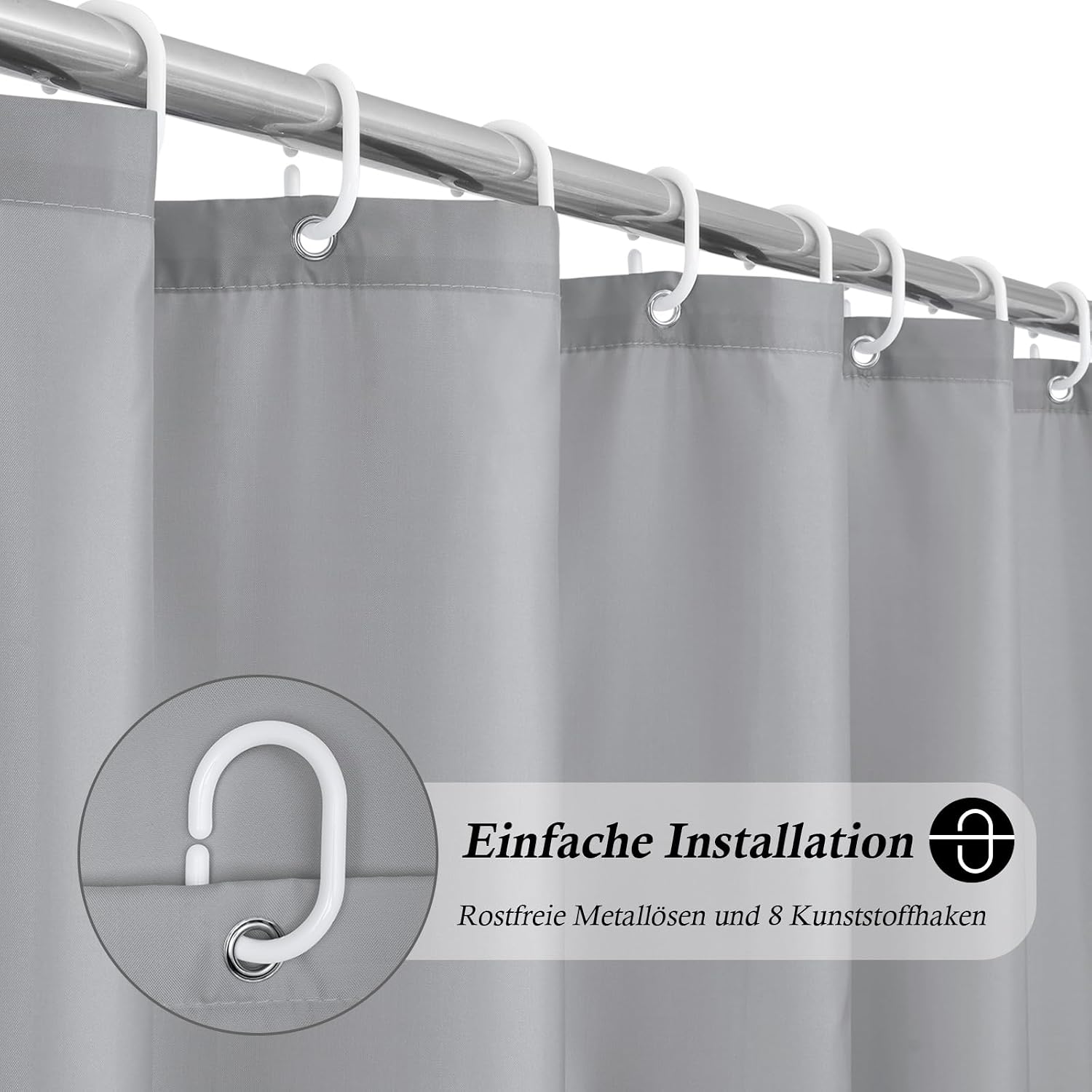 Detalle de EurCross Duschvorhang 120x180 cm grau schmal – wasserdicht, schimmelresistent, mit 8 Ösen und 8 Ringen