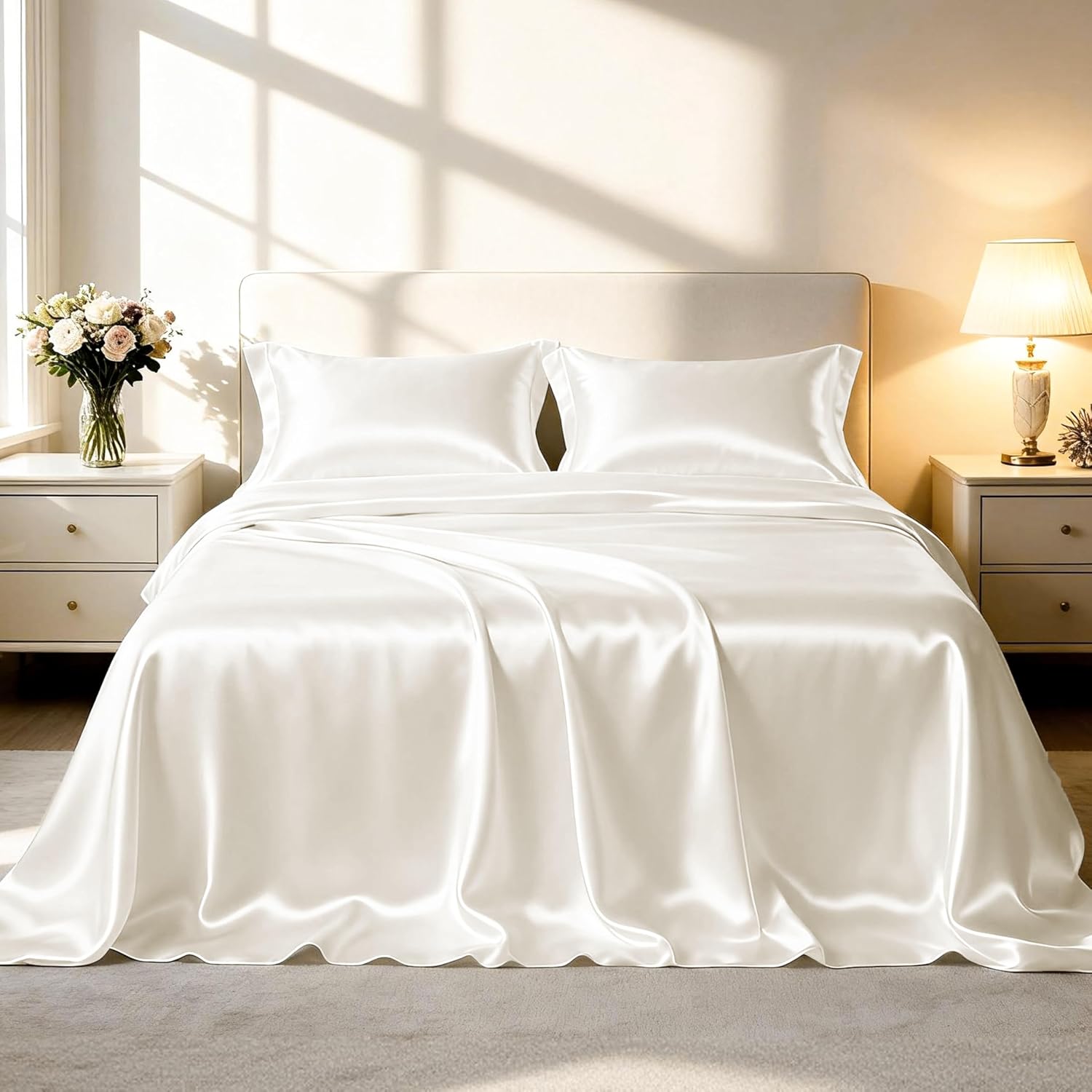 Detalle de Love's cabin C-USA23A1PJTC91FU-1 Satin Full Sheet Set, Ivory, 15-Inch Pocket
