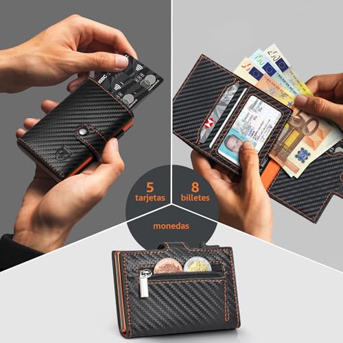 Detalle de TENBST Carteras para Hombre | Tarjetero con Monedero y Bloqueo RFID en fibra de carbono naranja-negro