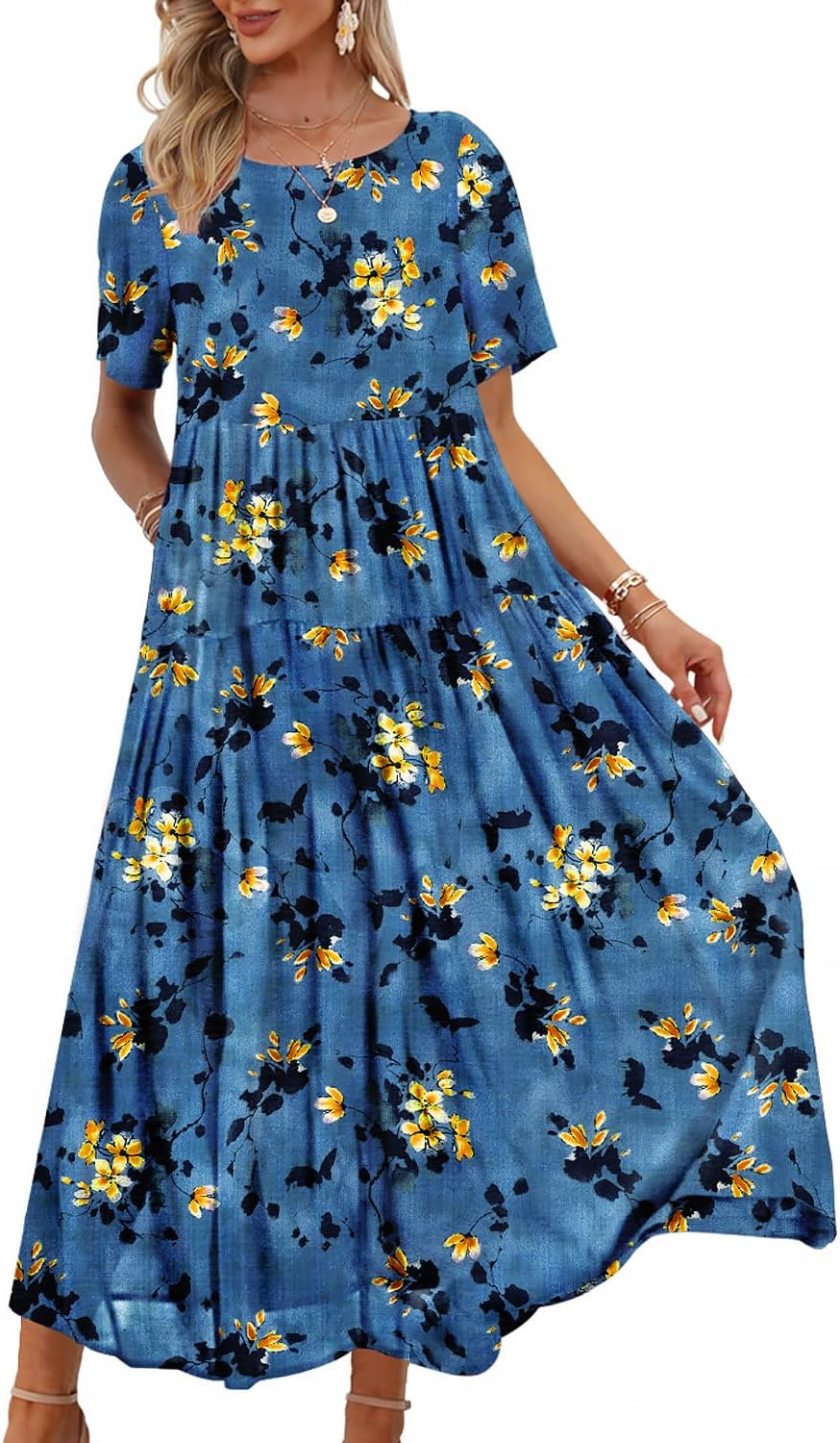 Thumbnail 6 de YESNO Damen Kleider Freizeit Lose Sommerkleid – Maxikleid Boho mit Blumenprint, Rundhals, Strandlook