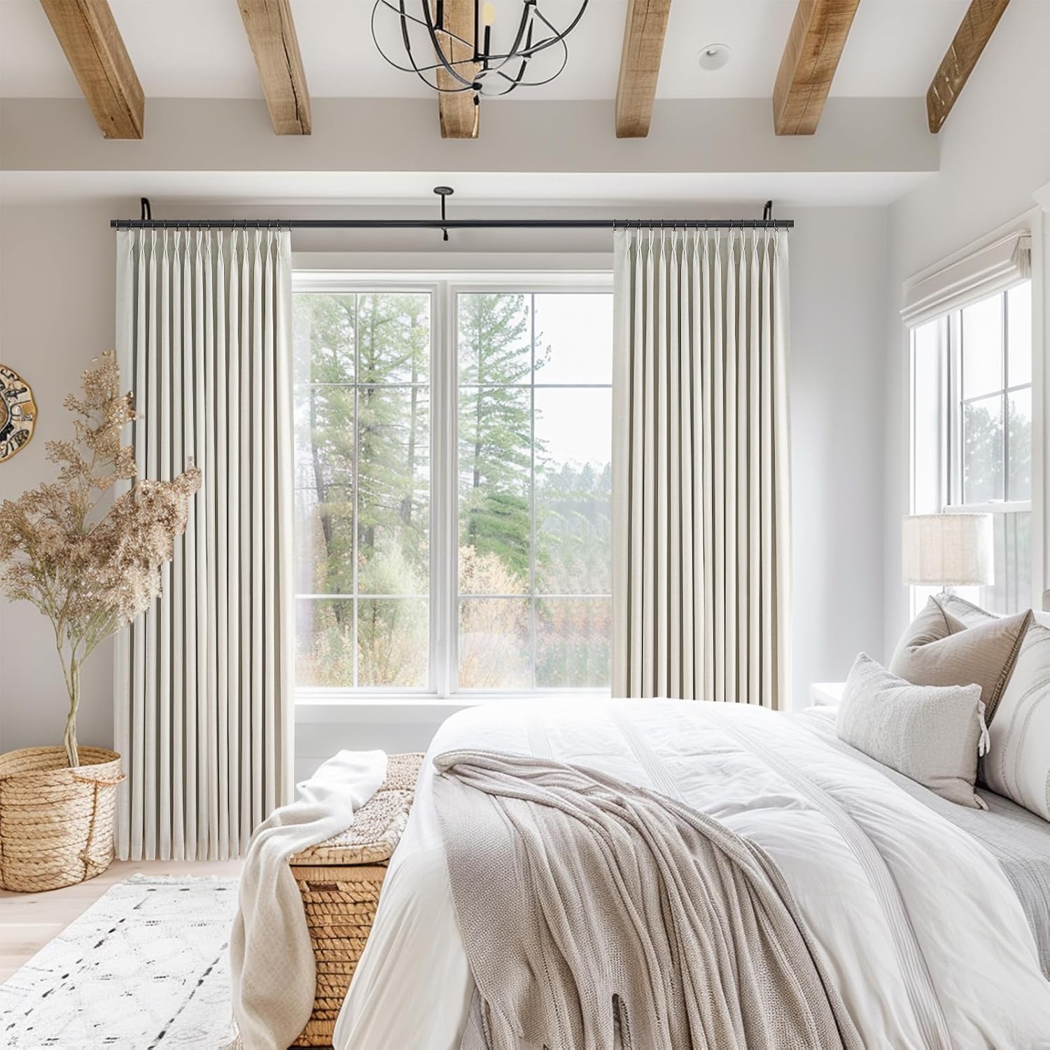 Detalle de Natural 90-Inch Linen Blackout Curtains (2 Panels) — Pinch Pleated, Thermal Insulated & Sound-Reducing