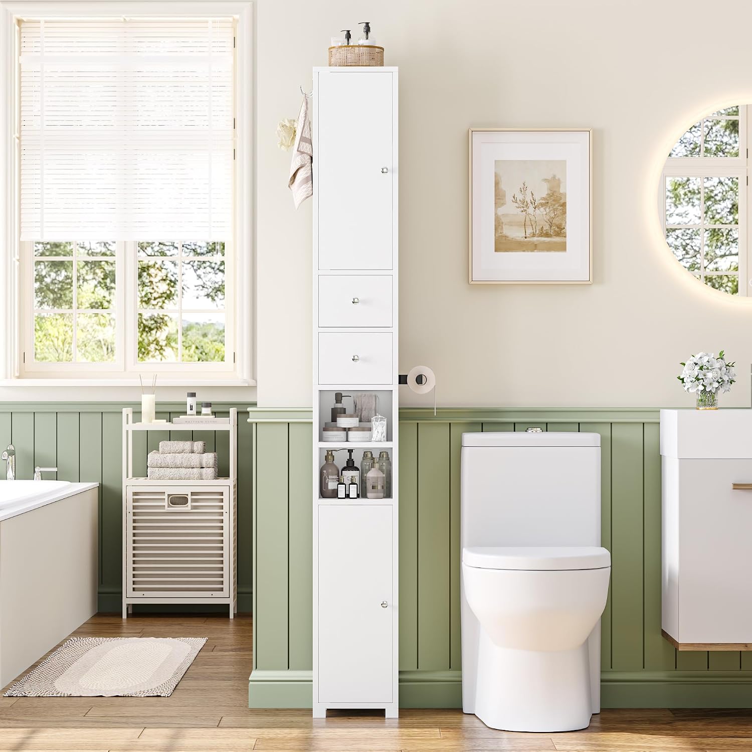 Detalle 2 de FOREHILL M324 Tall Bathroom Cabinet, 20 cm Slim White Storage Unit