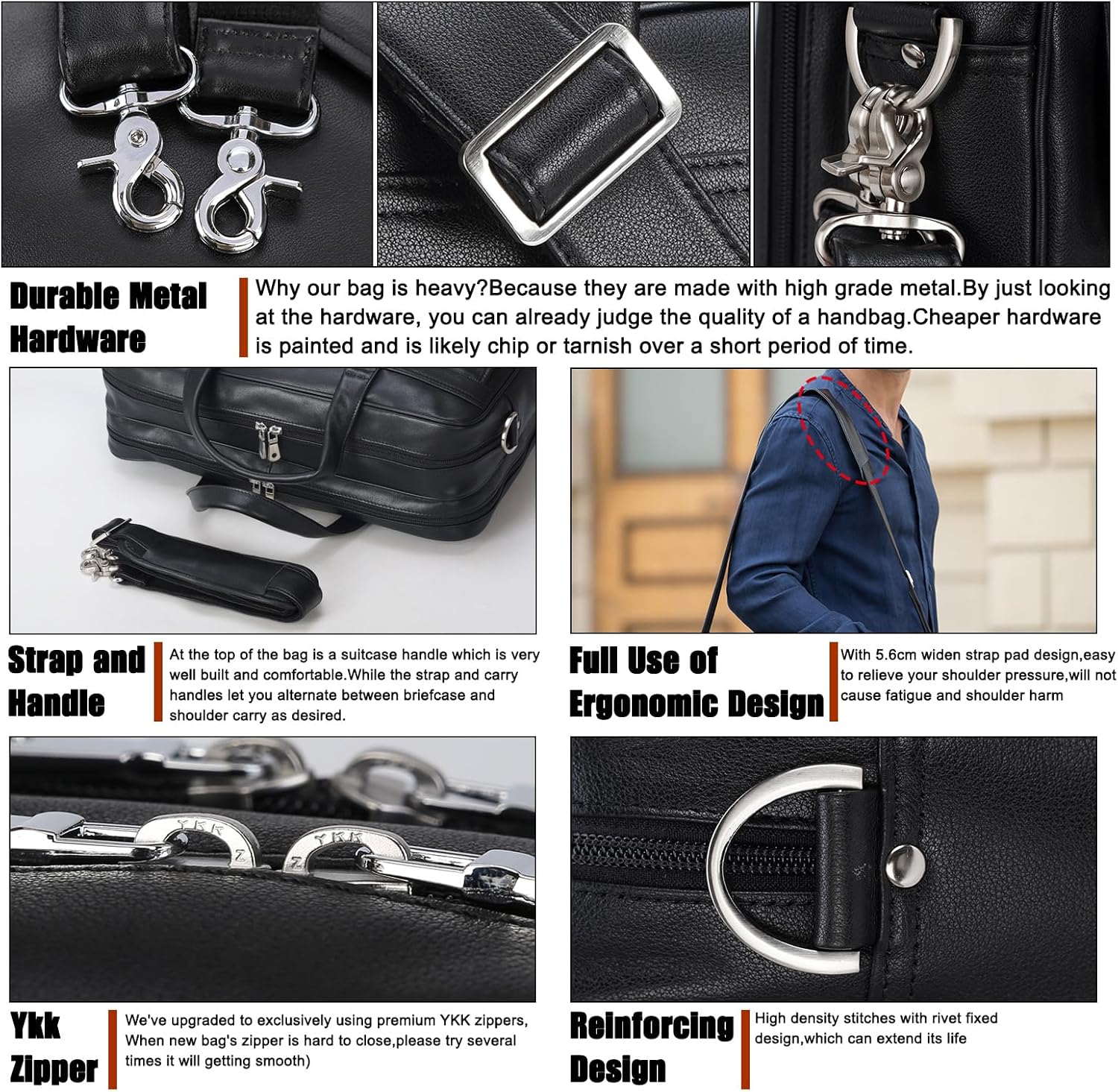 Thumbnail 4 de TIDING Men's Leather Briefcase 15.6‑17.3 Inch Laptop Bag – Black