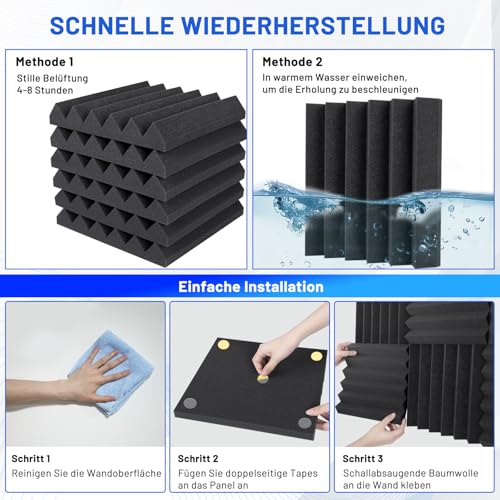 Detalle de Focusound 50 Stück Akustikschaumstoff Schalldämmung 30x30x5 cm – Hochdichte Schallabsorber mit Klebekleben