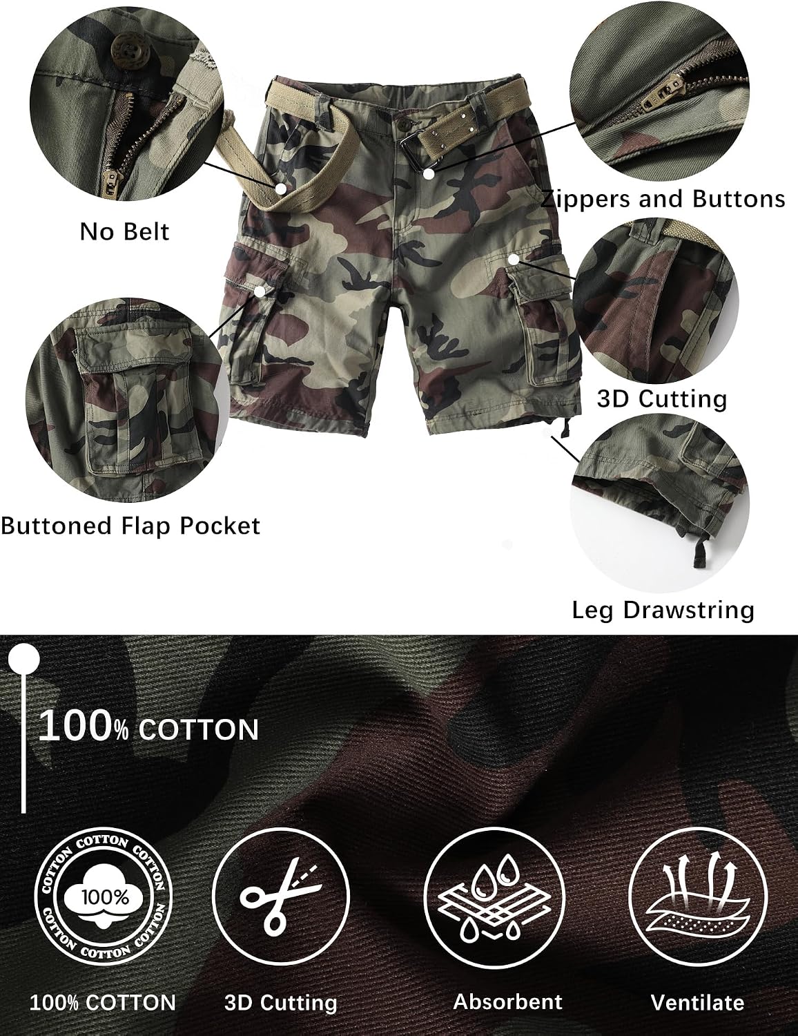 Thumbnail 4 de AKHIKING Camouflage Cargo Shorts for Men: 100% Cotton, 6-Pocket Outdoor Utility