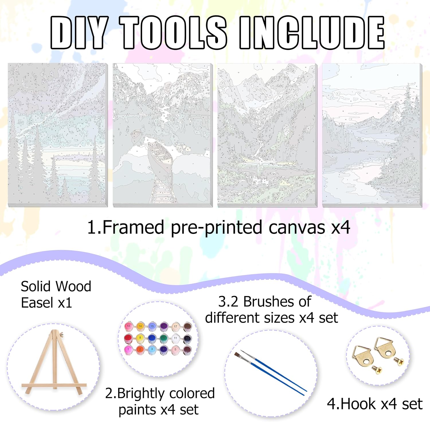 Detalle 2 de Hongyrjy 4 Pack Landscape Paint by Numbers with Framed Canvas and Wooden Easel