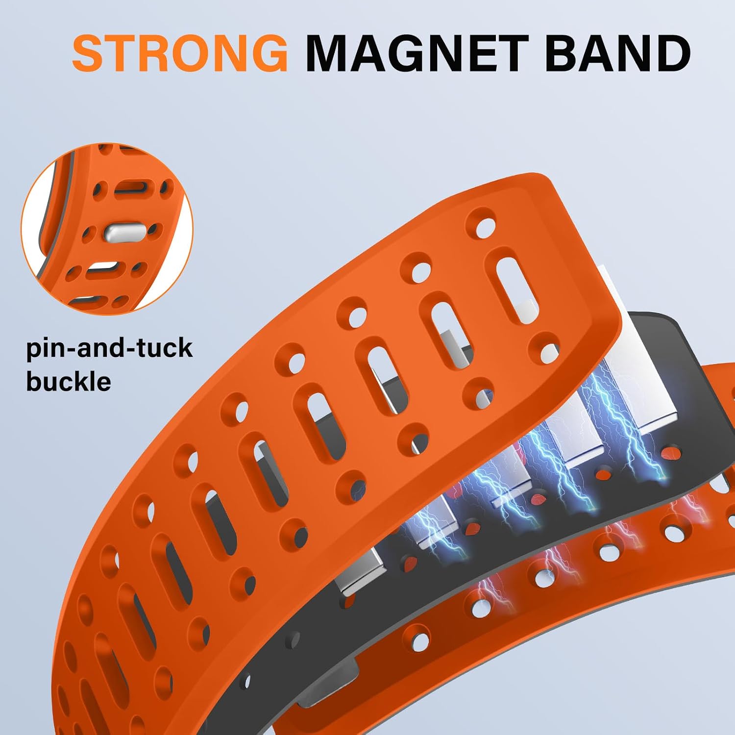 Detalle de Sixmoat Magnetic Strap for Apple Watch (42mm/41mm/40mm/38mm) – breathable silicone sport band with button & tuck closure (Orange-Gray)