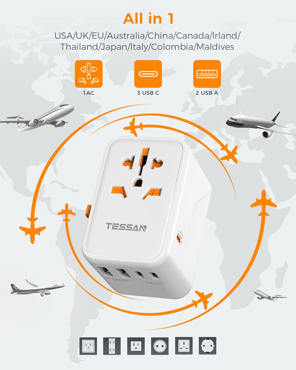 Thumbnail 3 de TESSAN Universal Travel Adapter 65W with PD Fast Charging