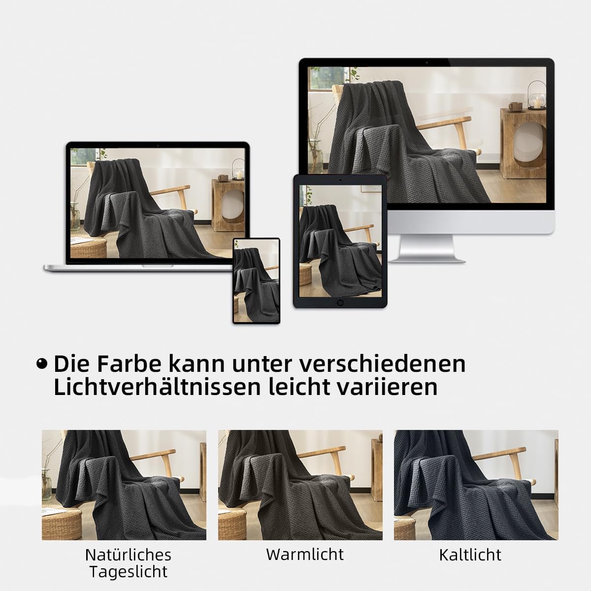 Thumbnail 6 de CHUFFED Decke 100% Baumwolle 150 x 200 cm – weiche, atmungsaktive Kuscheldecke mit Waffelmuster (Anthrazit)