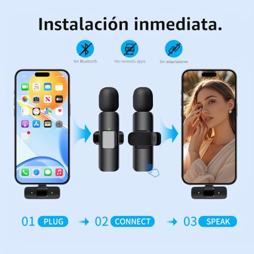 Thumbnail 7 de Uewpv Micrófono inalámbrico 2 unidades para iPhone, iPad y Android | Clip‑on con cancelación de ruido