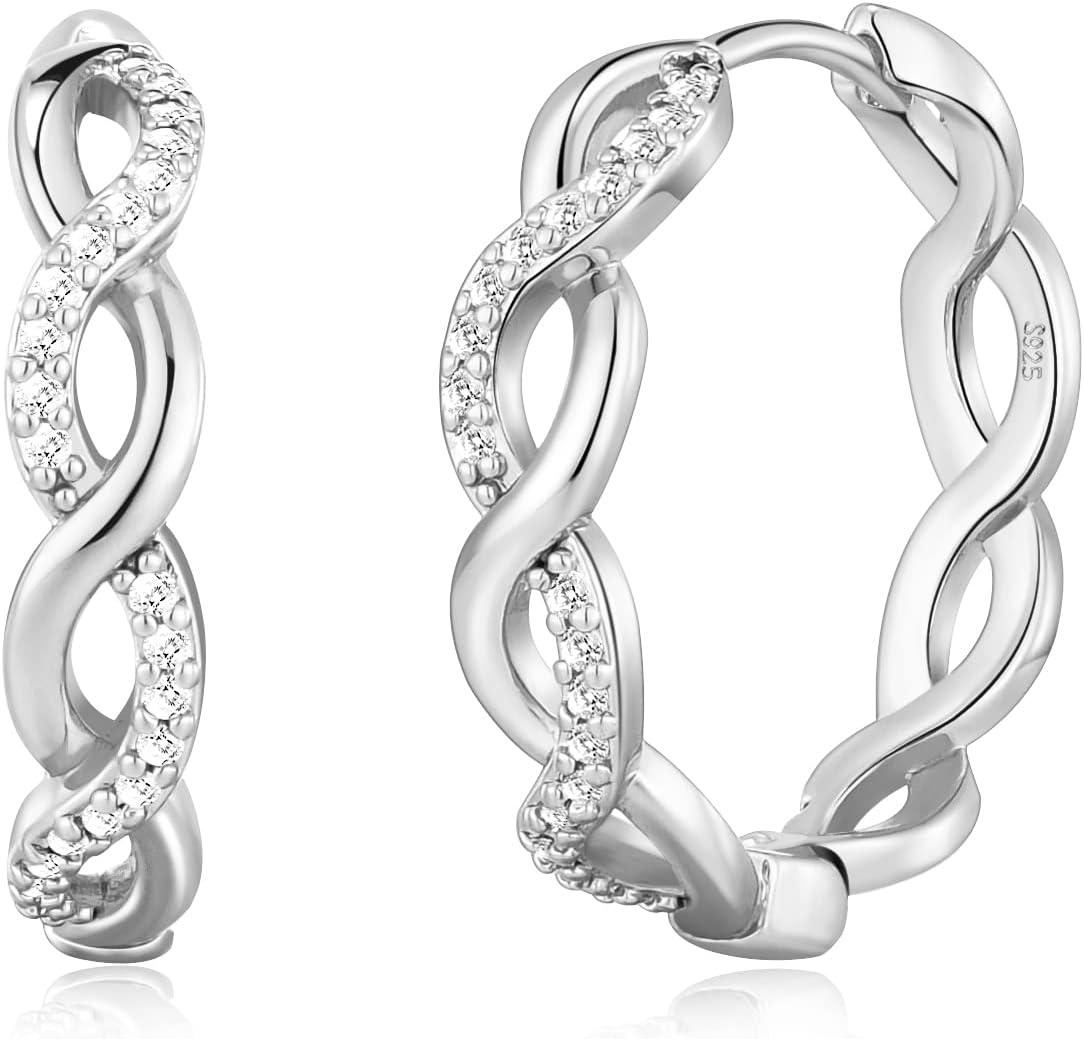Detalle de Senteria Silber Creolen für Damen – S925 Sterling Silber, 14 Karat Weißgold Plattiert, Gedrehte Zirkonia, 4 mm