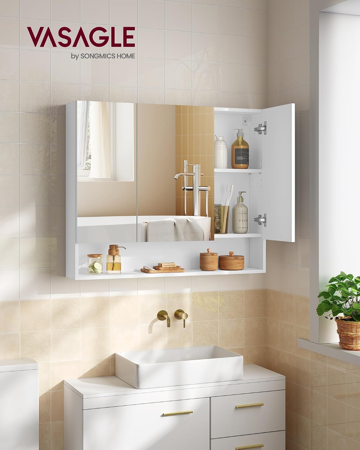 Detalle de VASAGLE Kailyn Collezione - Armadietto Bagno da Parete con Specchio, 16,5 x 90 x 75 cm, Bianco Nuvola BBK130W01