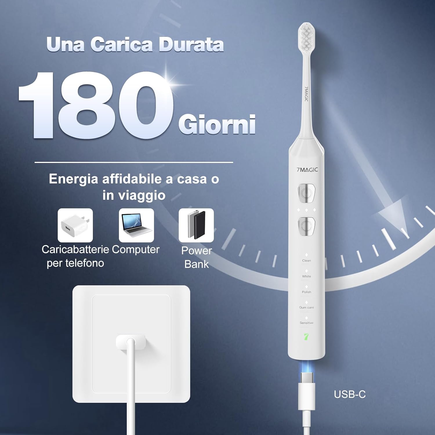 Detalle de Spazzolino elettrico sonico 7MAGIC con 3 intensità, 5 modalità e timer da 2 minuti (IPX7) – autonomia 180 giorni