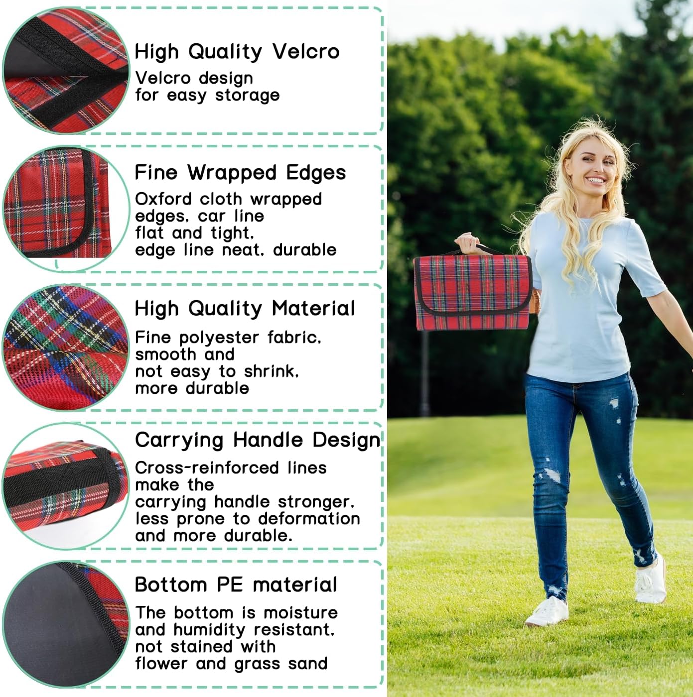 Thumbnail 3 de SOMIYAMI Tartan Picnic Blanket Waterproof 150 x 200cm – Red
