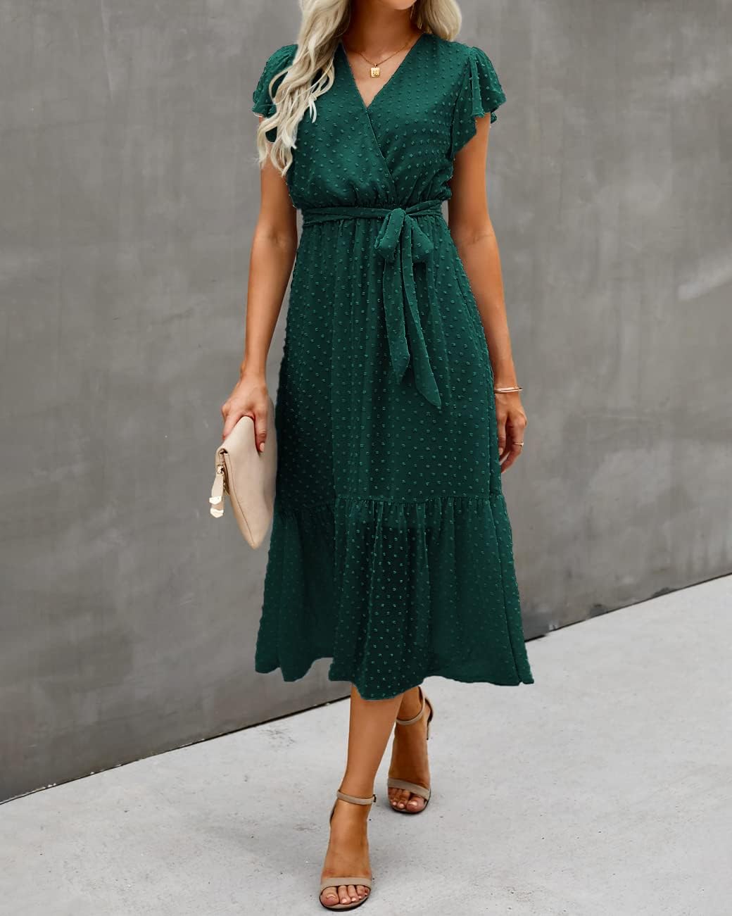 Thumbnail 1 de BTFBM Women Summer Bohemian Floral Wrap Midi Dress with V-Neck and Pleated Hem