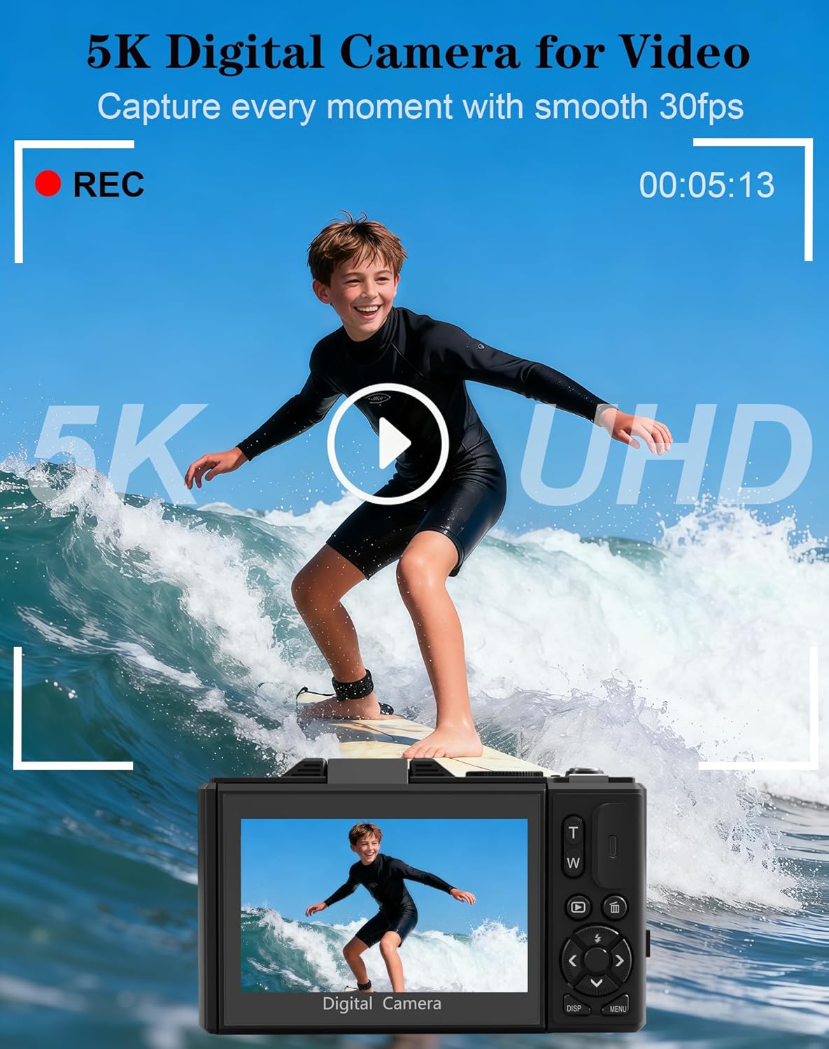 Thumbnail 1 de EYEPICK 5K Digital Camera (75MP) with 180° Flip Screen, WiFi & 18X Zoom, 64GB Kit – Black