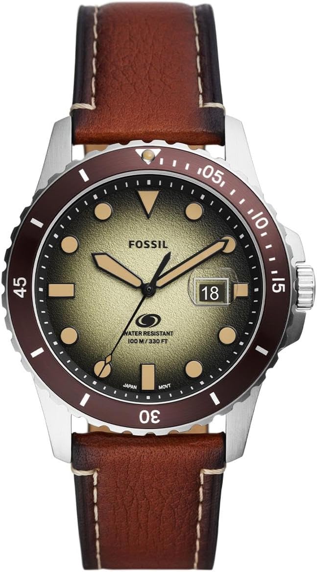 Detalle de Fossil Orologio subacqueo blu da uomo con movimento al quarzo, datario e cinturino in acciaio o pelle