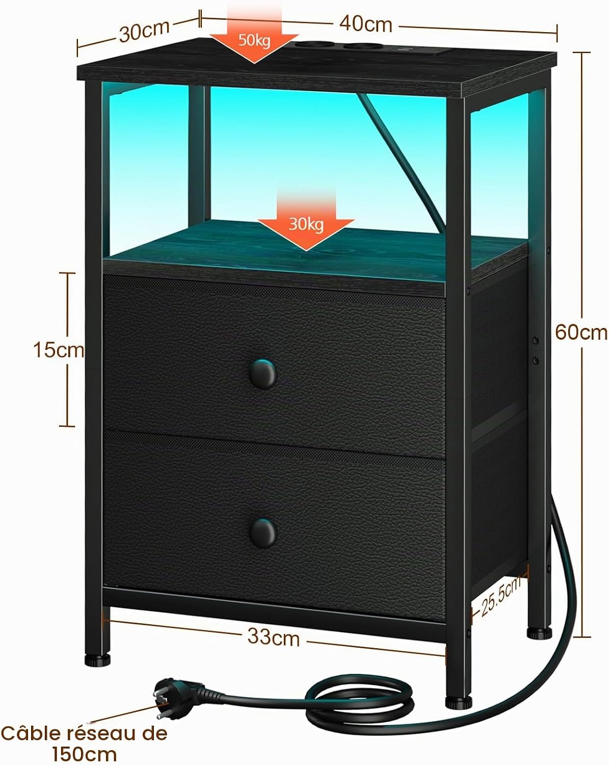 Detalle de AMHANCIBLE HETS02BK-1 led-nachtkastje met RGB-verlichting, stopcontacten en stoffen lades