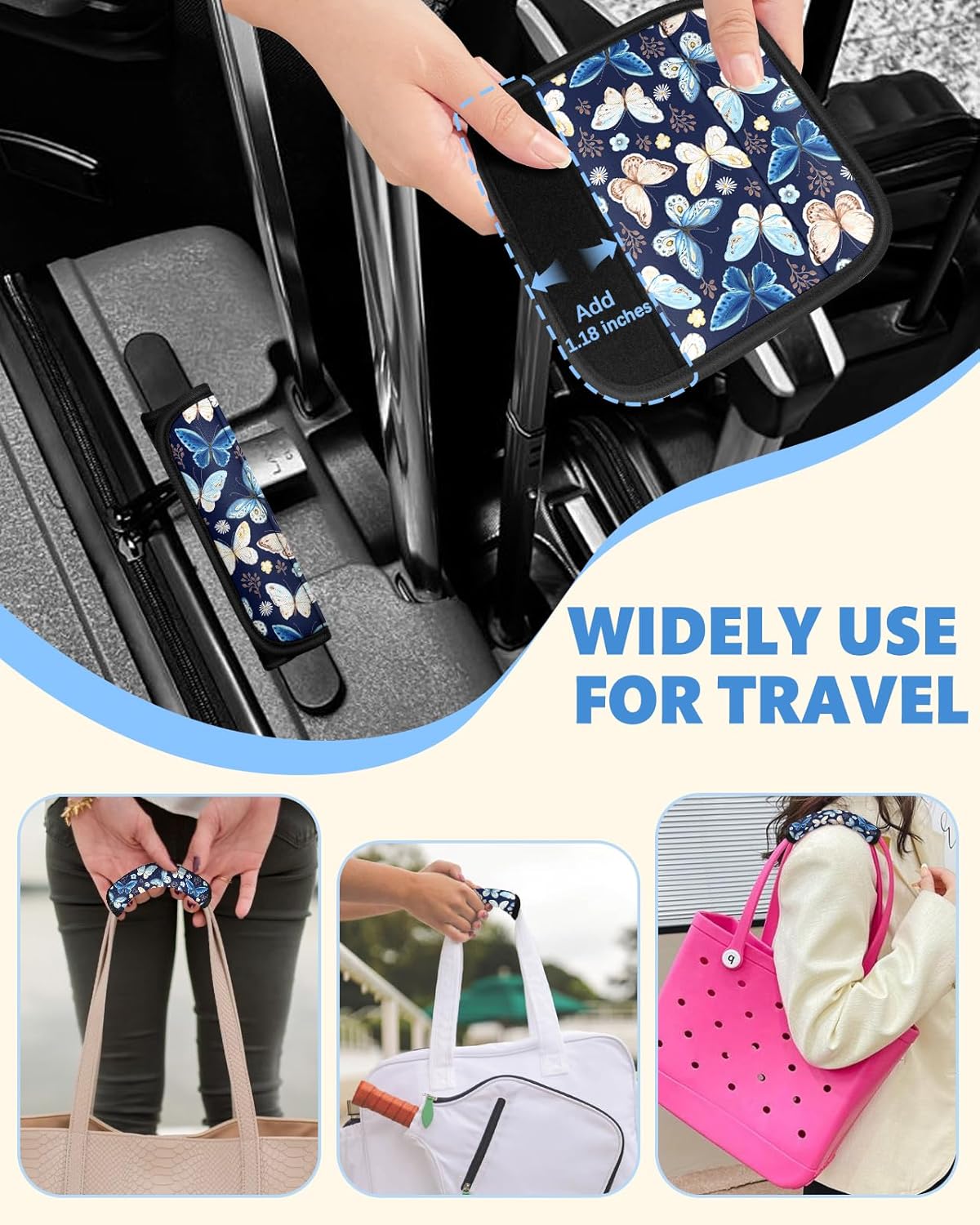 Detalle de OffiEase Neoprene Luggage Handle Wrap Cover 3 Pcs – Velcro Suitcase Identifier Accessories (Butterfly)