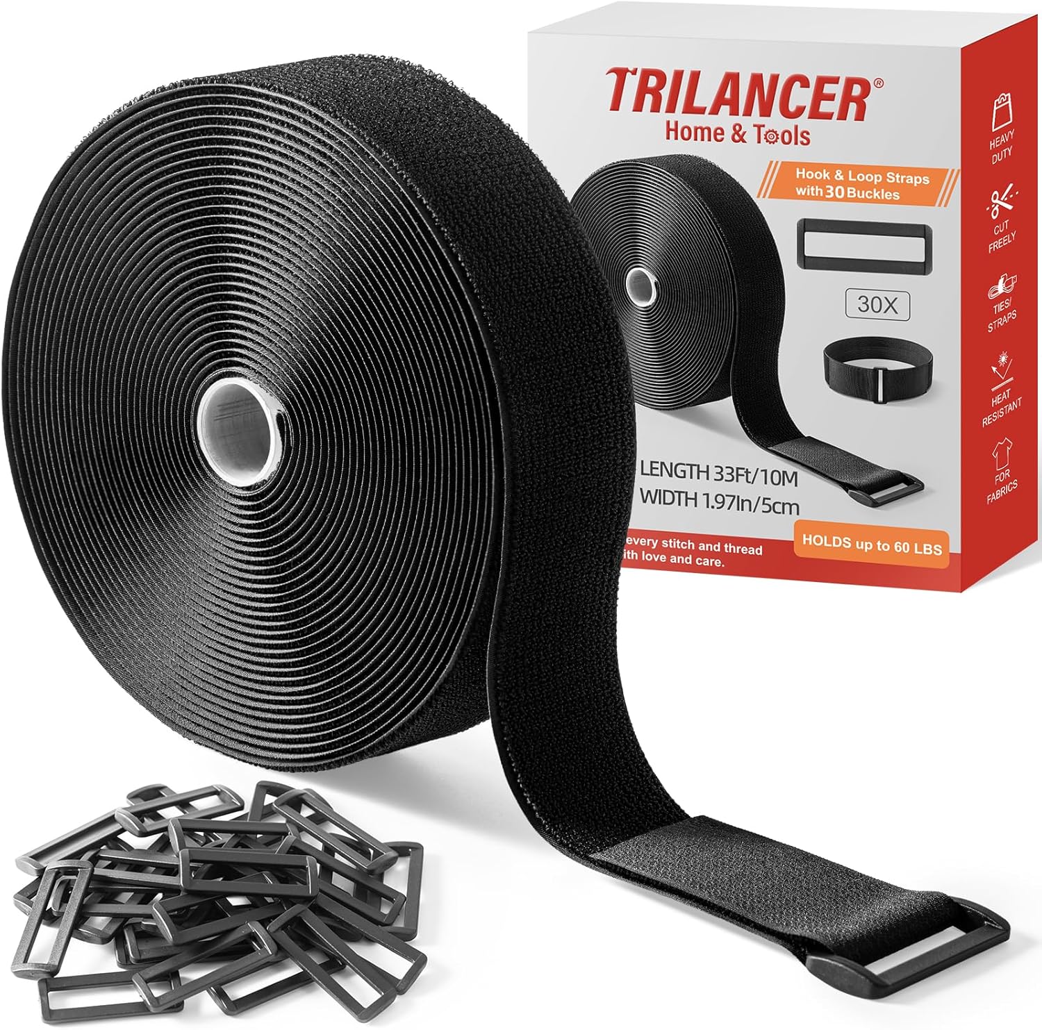 Trilancer 5cm x 10m Heavy Duty Hook and Loop Straps with 30 Buckles – Cut-to-Length Reusable Cinch Straps