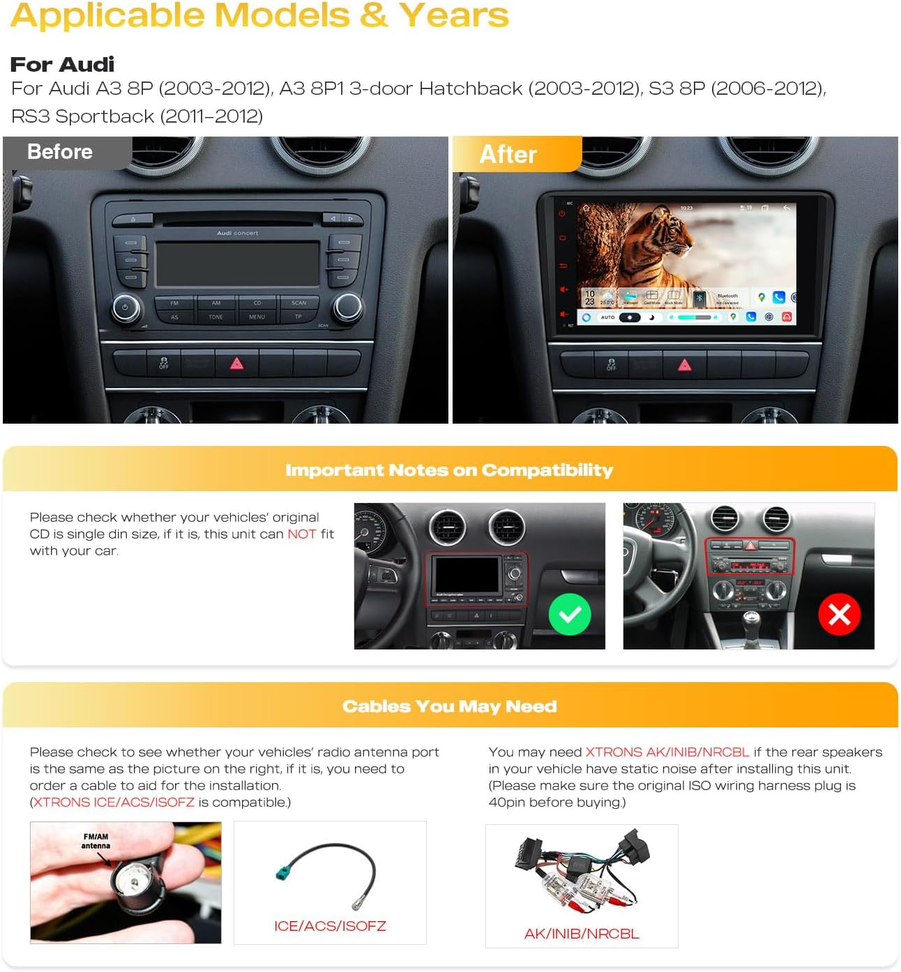 Detalle de XTRONS Android 14 Qualcomm QLED Car Radio for Audi A3 8P/8P1 S3 RS3 Sportback – 8” Octa Core, Wireless CarPlay & Android Auto