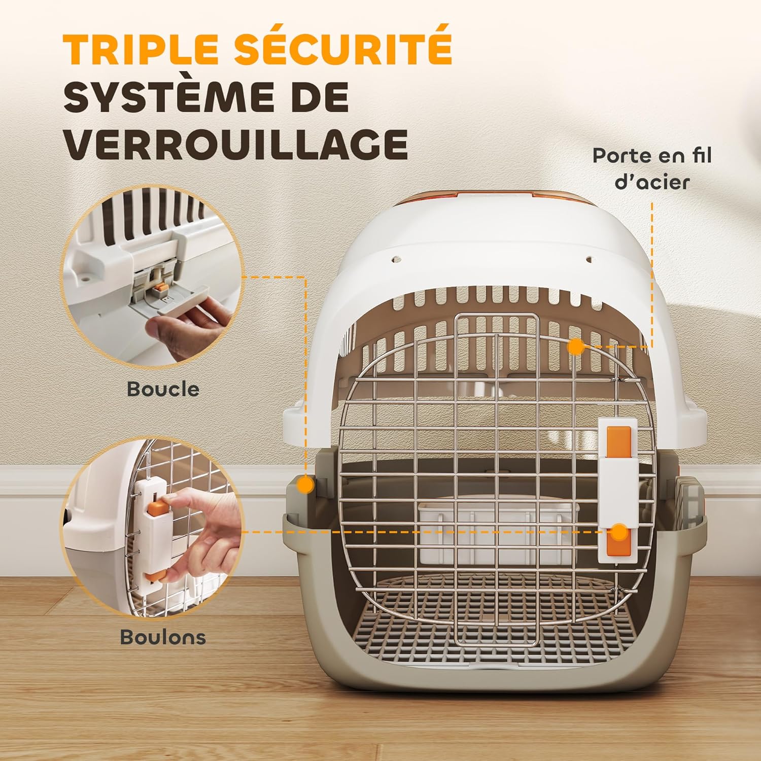 Thumbnail 3 de PawHut Caisse de Transport pour Chat et Chien jusqu’à 4 kg – 49 x 32 x 31 cm, porte acier, bol suspendu et lavage facile