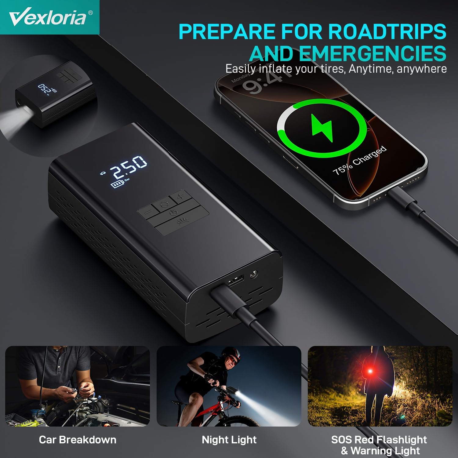 Detalle 2 de Vexloria Tyre Inflator 150 PSI portable pump