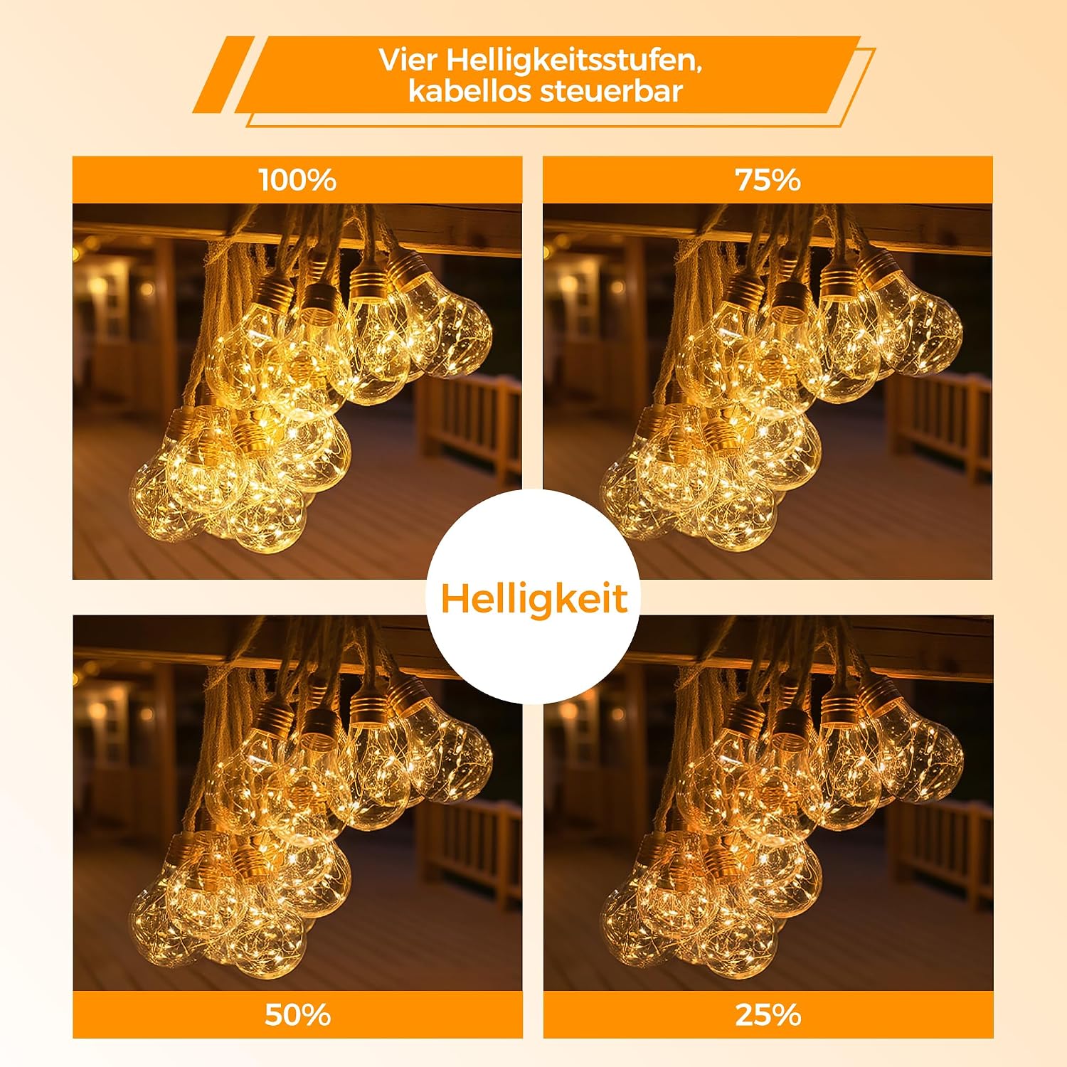Detalle 2 de HeiPard Solar Lichterkette Außen 8,5 m | 16 A60 LED Glühbirnen, Vintage-Design, USB/Solar, IP45