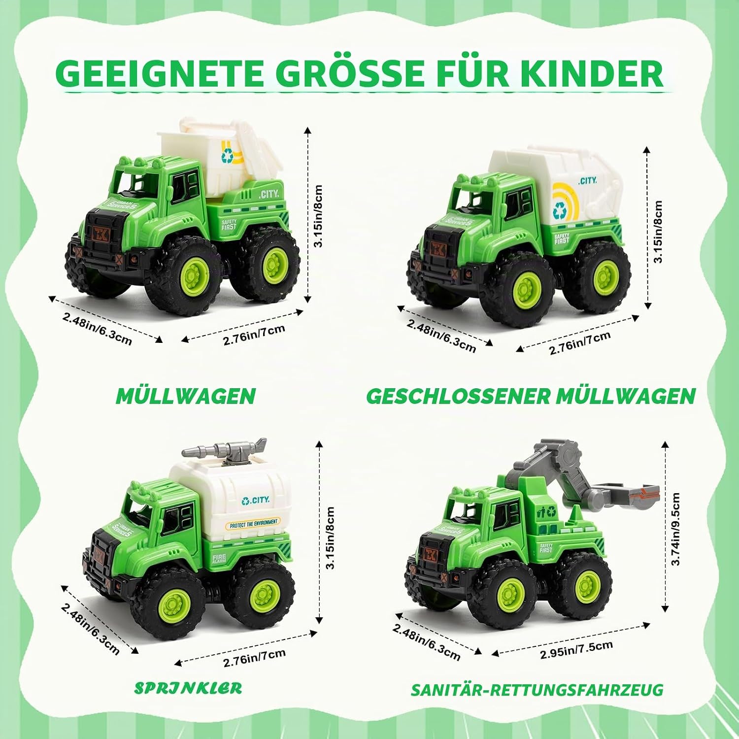 Thumbnail 3 de YGNNXRN 4er Set Müllwagen Spielzeug ab 2+ Jahre – Push & Go Fahrzeuge (Müllauto, Reinigungswagen, Recycling-LKW & Wasserwagen)