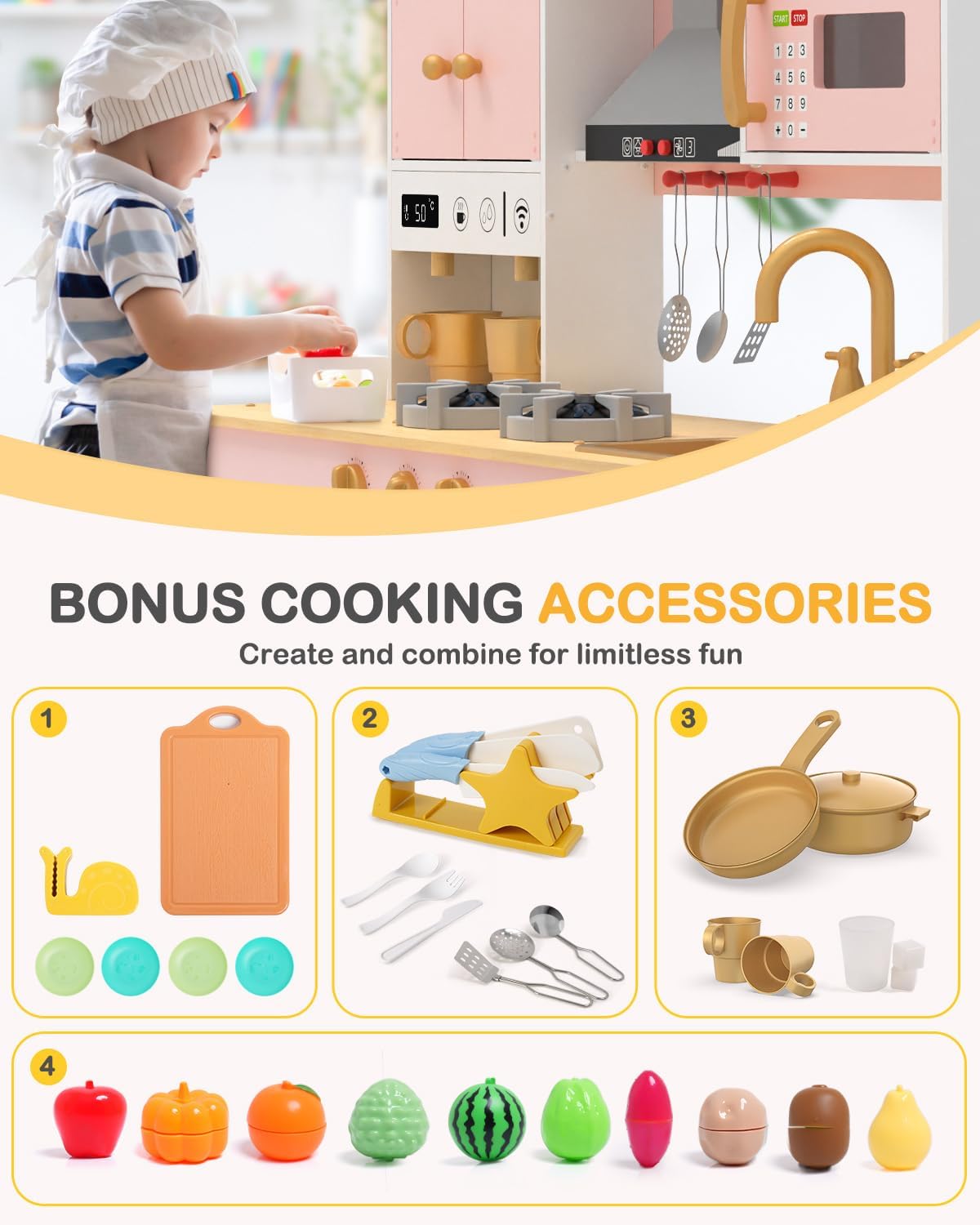 Detalle de Babytronic Wooden Play Kitchen Set (Pink) for 3+ | Lighted stove, oven, microwave & 31 accessories