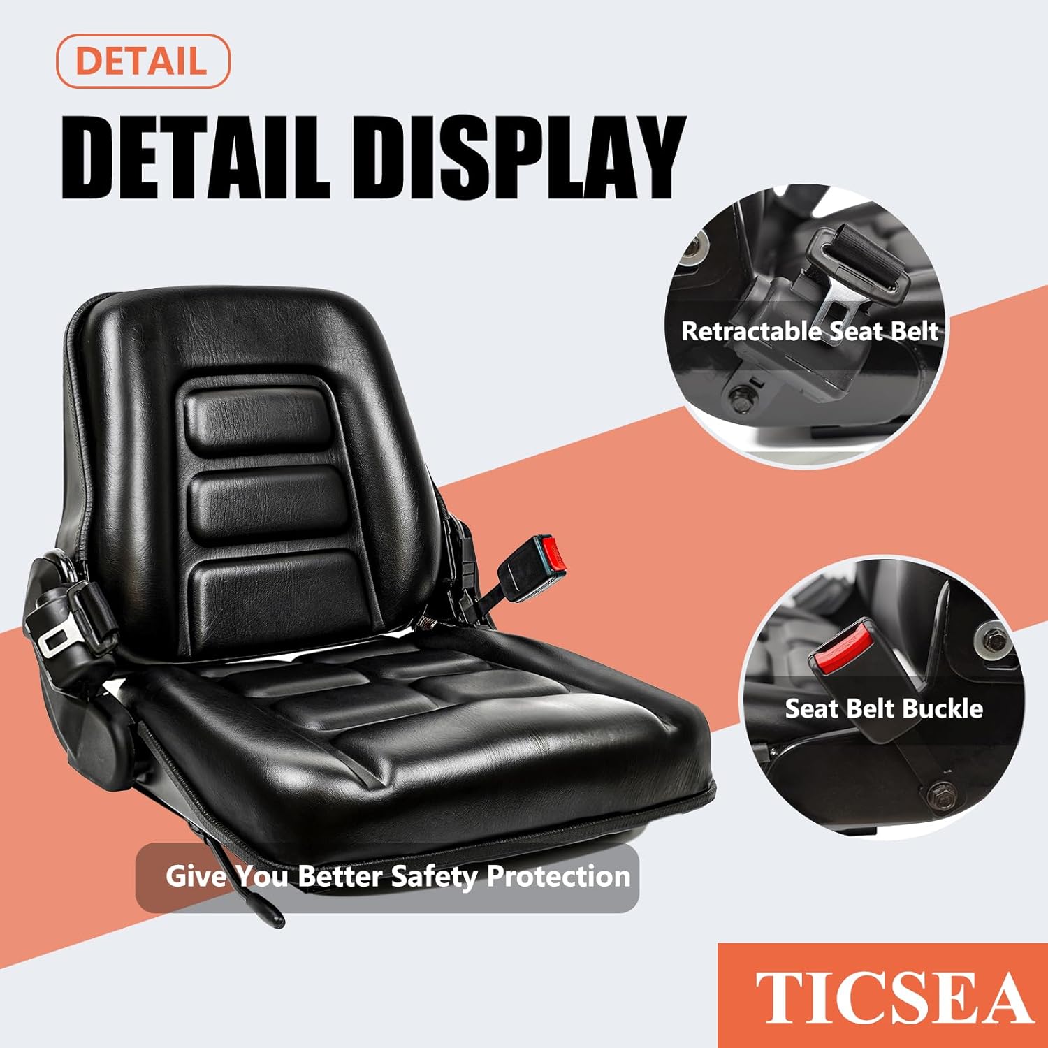 Detalle de TICSEA Universal Forklift Seat — Adjustable Operator Seat with Safety Belt and Position Switch