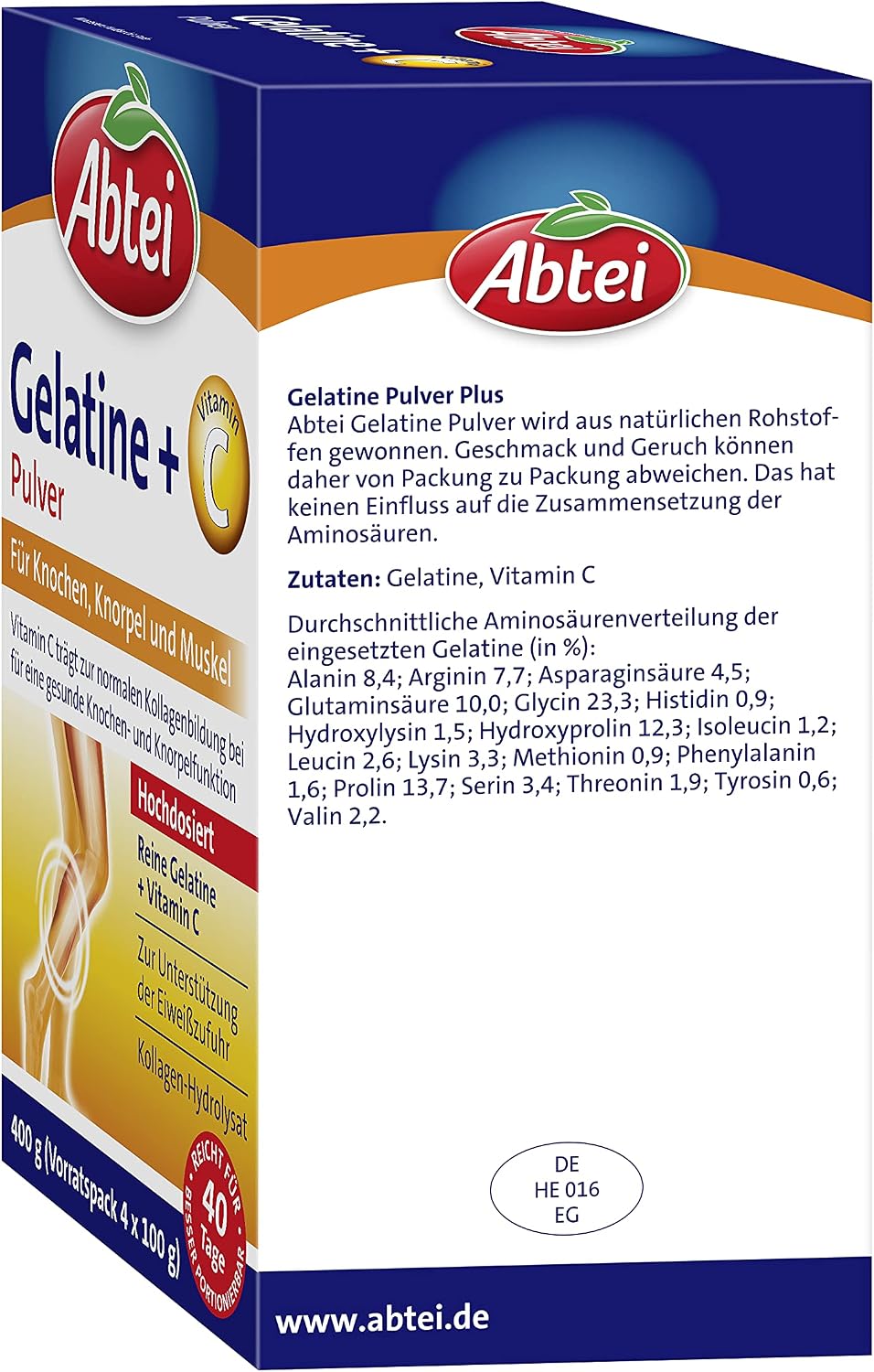 Detalle de Abtei Gelatine Pulver Plus – Reine Gelatine mit Vitamin C, 4 x 100 g Vorratspack (40 Portionen)