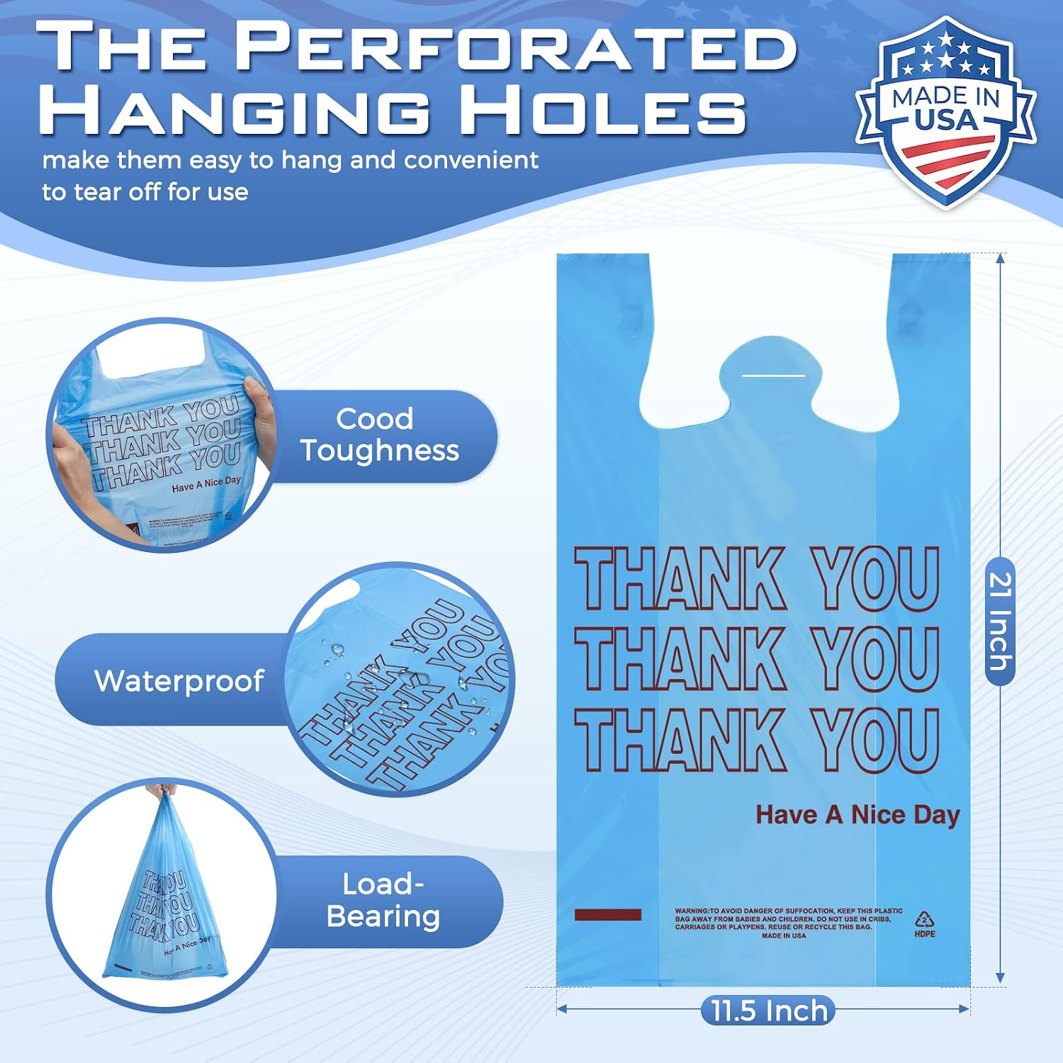 Detalle de Fuxury FU#3062 Thank You T-Shirt Bags, Blue Plastic, 1,000 Count