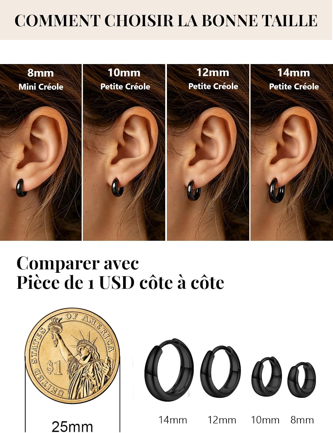 Thumbnail 3 de Silvora Petit Créoles Argent/Plaqué Or/Noir – Anneaux d’Oreille en Argent 925 et Cuivre, 8–14 mm