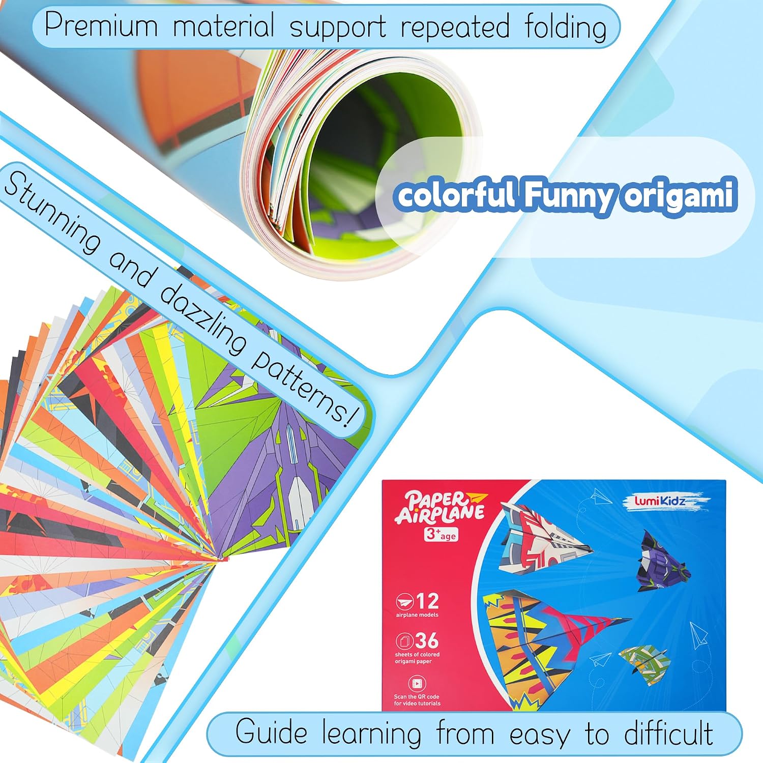Detalle de Lumikidz Paper Airplane Origami Kit for Kids (Ages 8–12) — 12 Designs & 36 Colorful Origami Papers