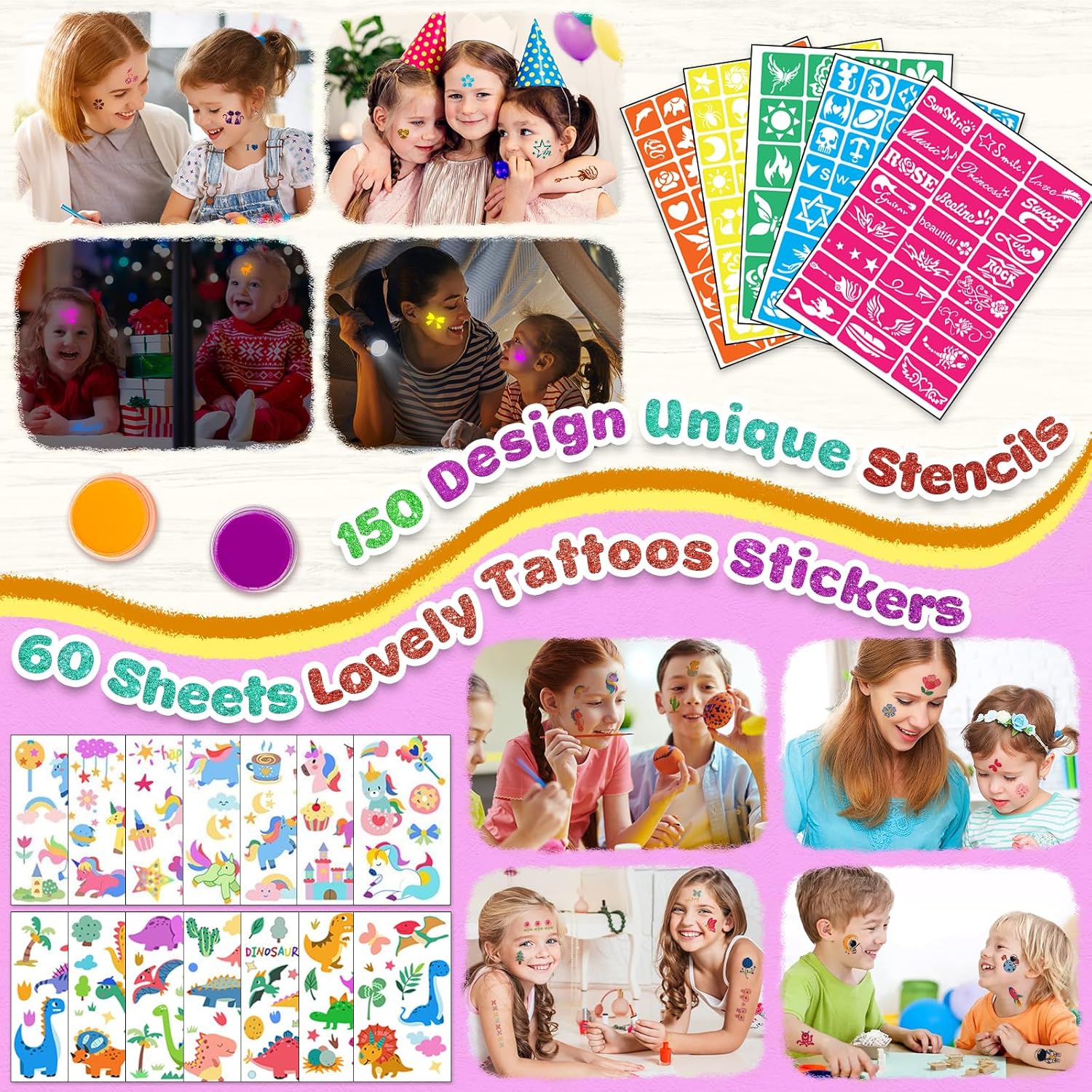 Detalle de Glitzer Tattoo Set Kinder – 24 Glitzerfarben, 150 Schablonen und mehr für kreative Hautkunst