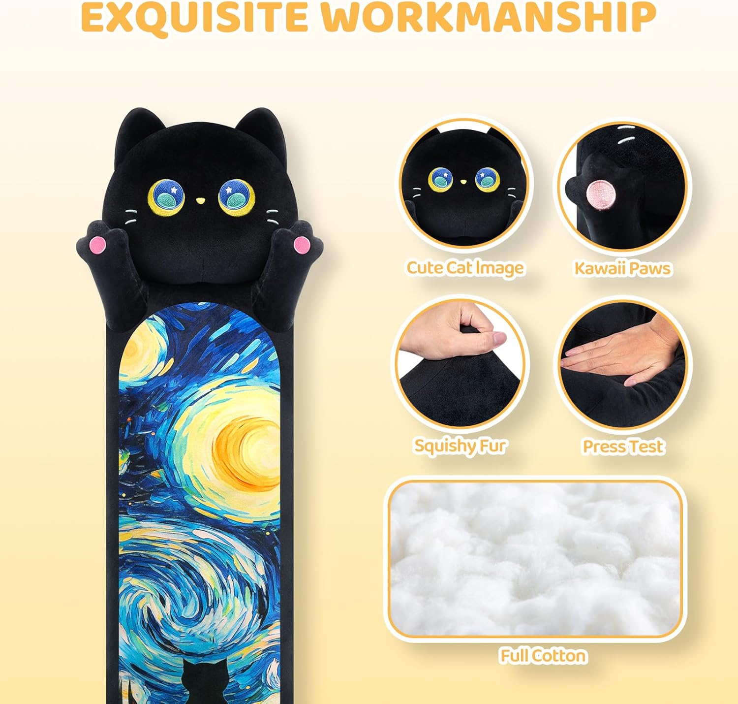 Thumbnail 2 de Mewaii Long Cat Plush 5 Sizes (120% Extra Filling) Giant Long Body Pillow — Kawaii Black Starry Cat