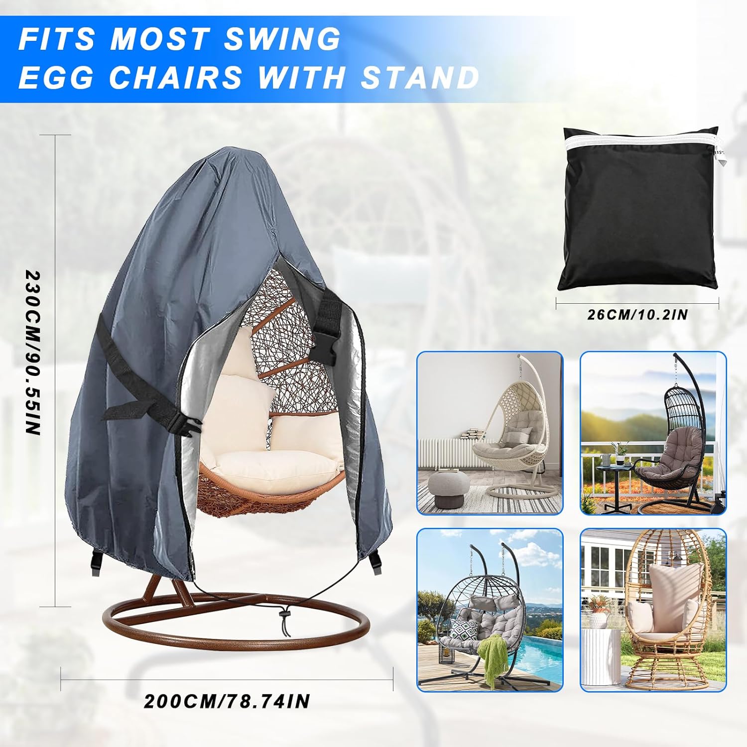 Detalle de Emwel 230x200cm Hanging Chair Cover with Zipper — Heavy Duty Egg Swing Cocoon Chair Cover (Grey)
