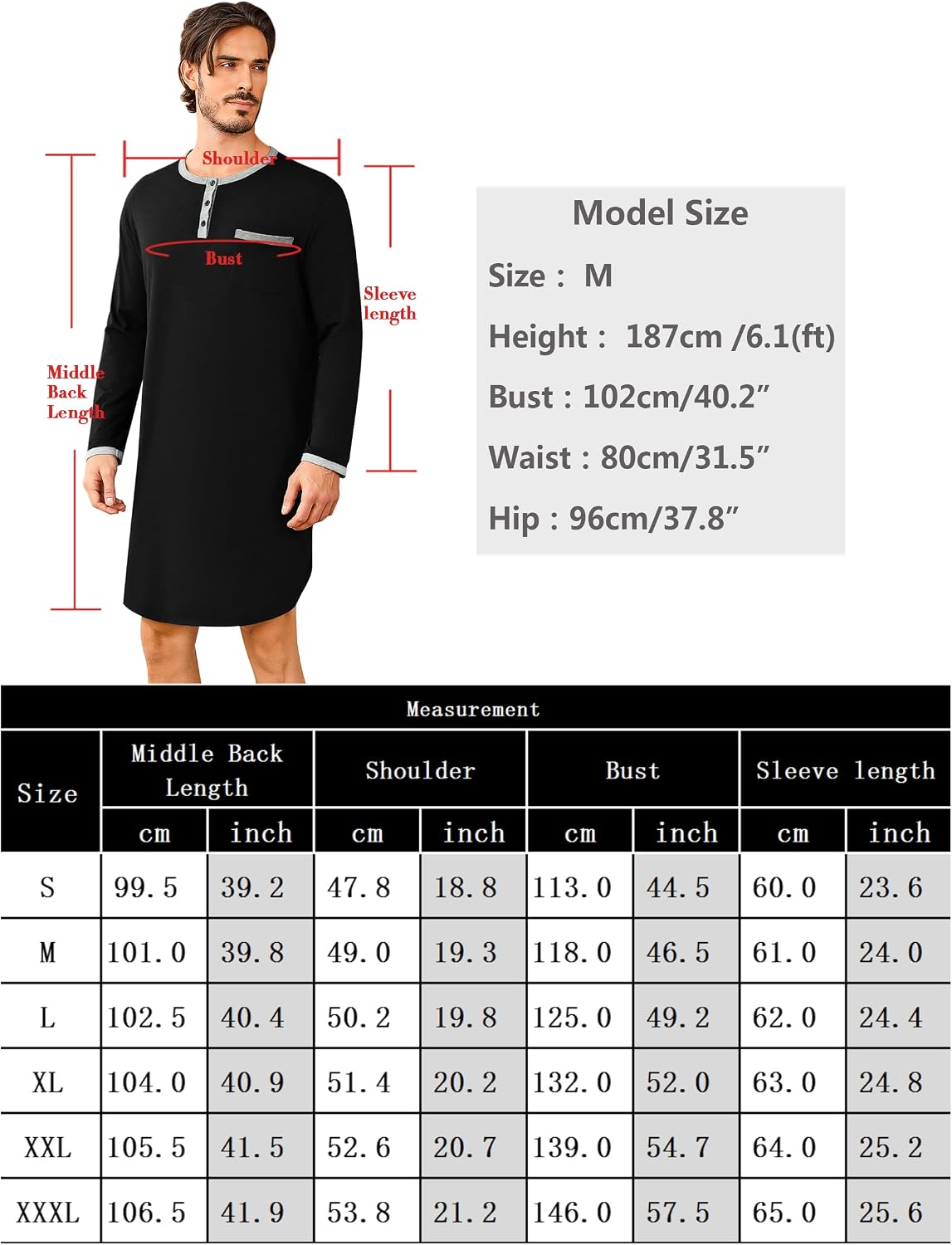 Thumbnail 6 de Uniexcosm Hauts de Pyjama pour Hommes — Chemise de Nuit à Manches Longues, Col Rond et Poche, Taille S–3XL