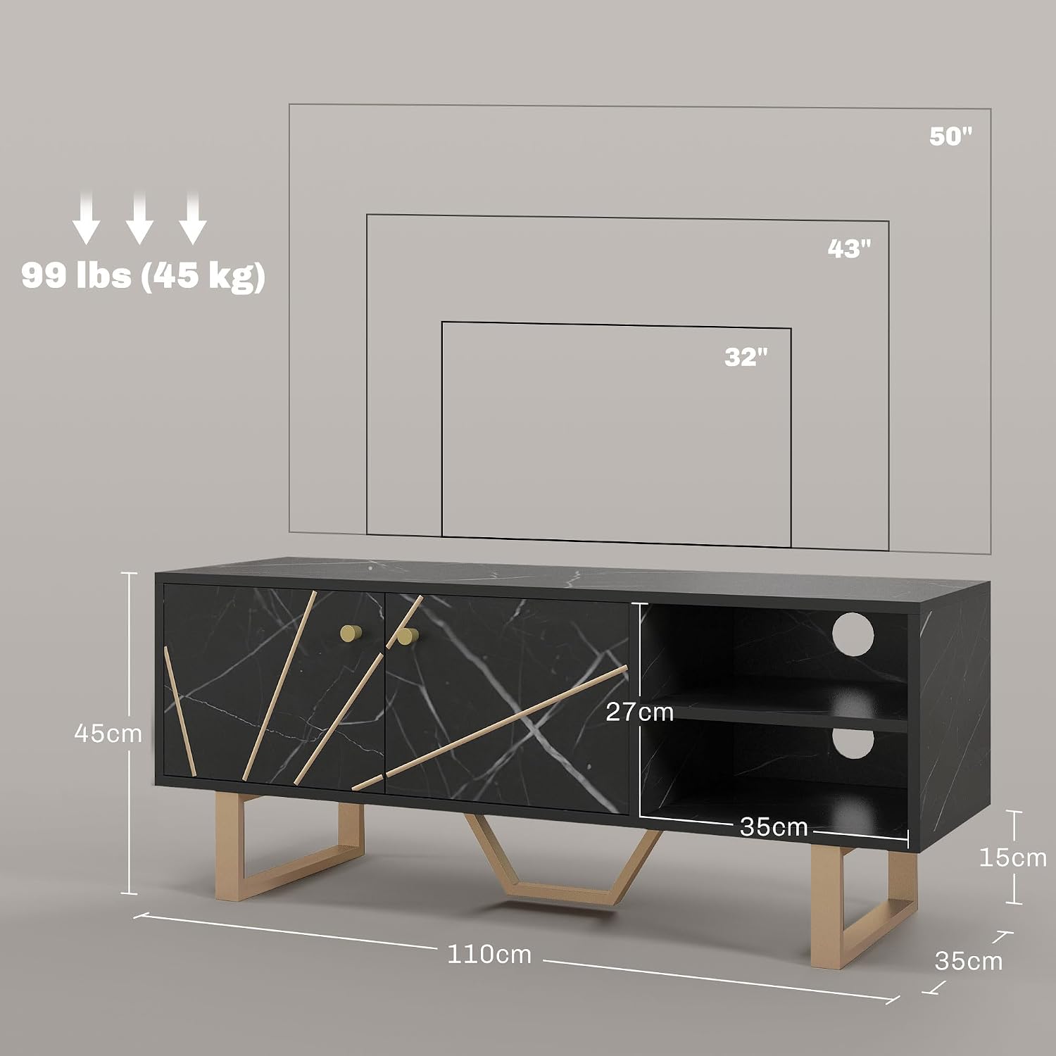 Detalle de HOMCOM Mueble de TV Efecto Mármol Negro y Dorado 🖤