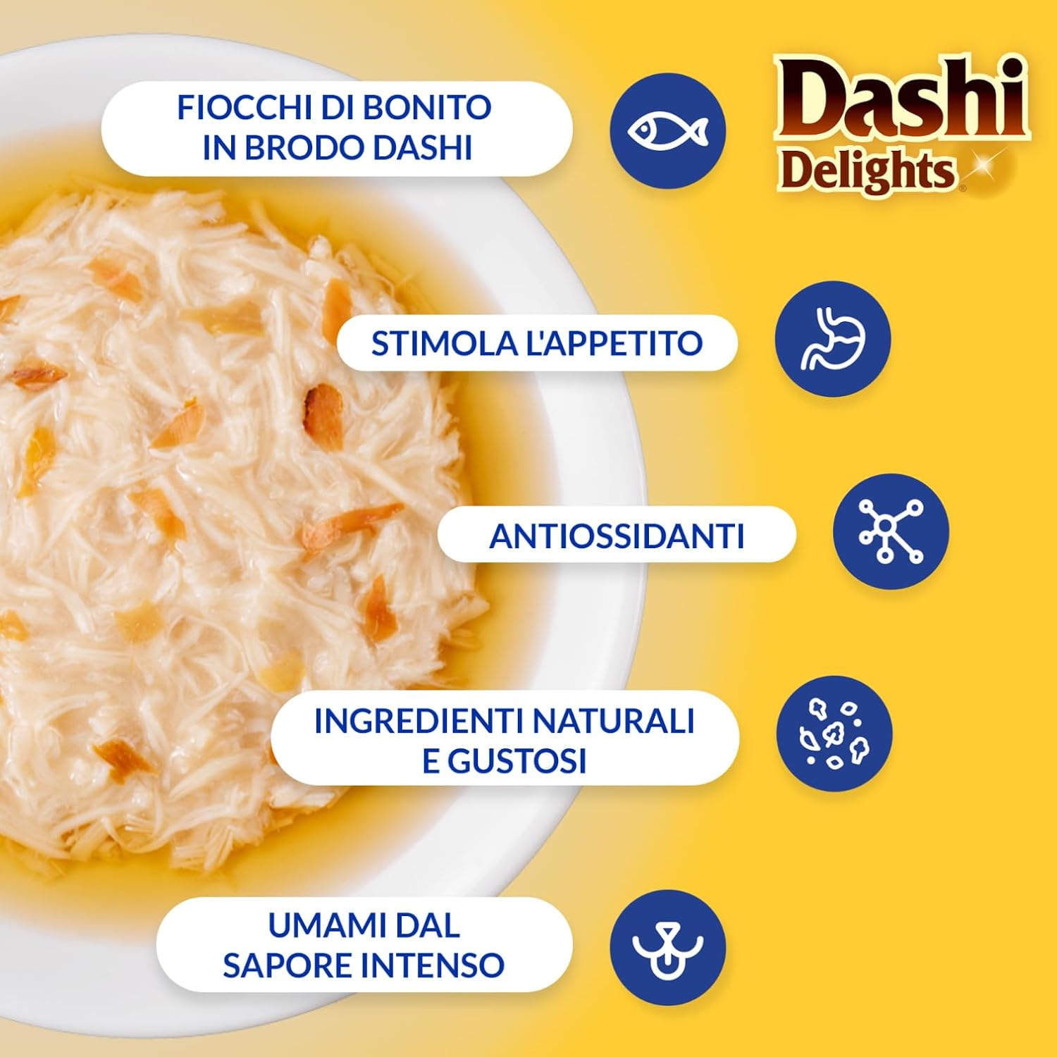 Detalle 2 de INABA Dashi Delights Delicati Fiocchi in Brodo di Pollo con Tonno – Snack umido 6 coppette da 70 g