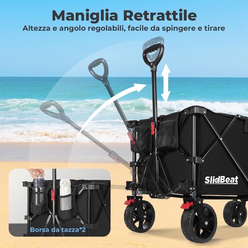 Detalle de SLIDBEAT Carrello da Giardino Pieghevole 220L: versatilità all’aperto per ogni terreno