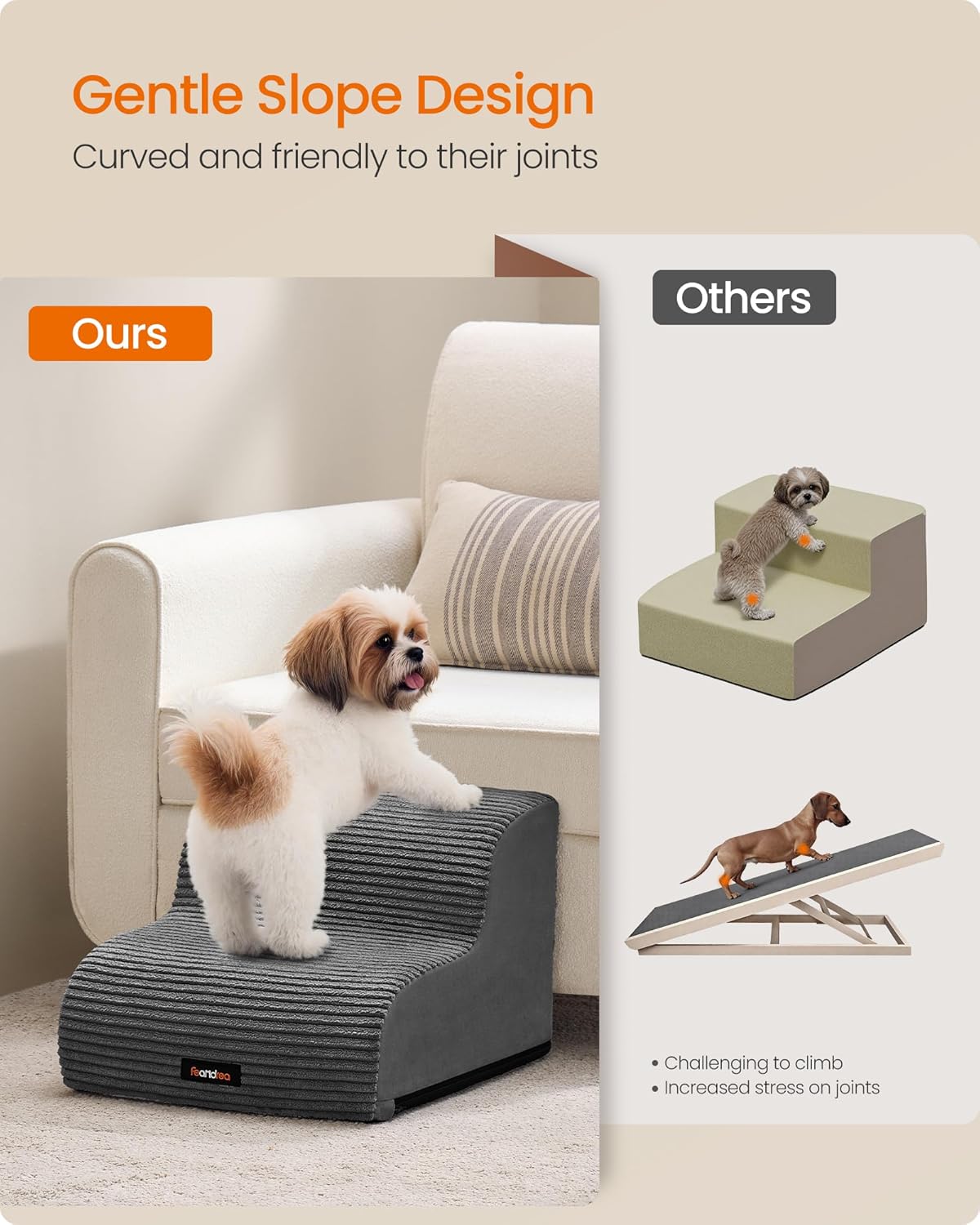 Detalle de Feandrea 2-Step Dog Stairs (Corduroy) – Slim, non-slip pet steps for bed and sofa