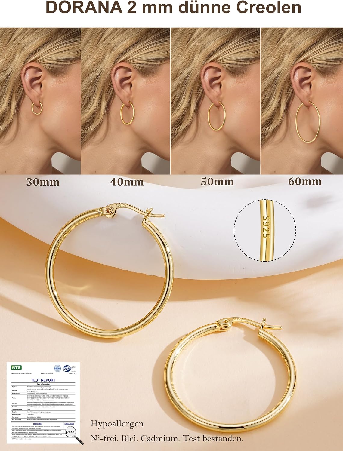 Detalle de DORANA 2 mm dünne große Creolen für Damen (Silber 925, hypoallergen, nicht anlaufend) in Größen 20–70 mm