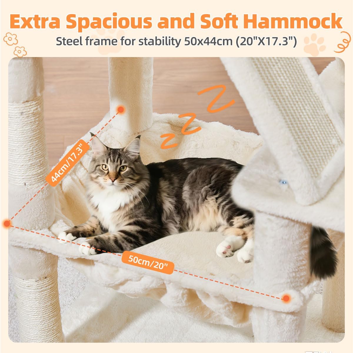 Detalle 2 de Taoqimiao 146cm Cat Tree (MS026M) with 8 Sisal Scratching Posts, Hammock & 2 Top Perches
