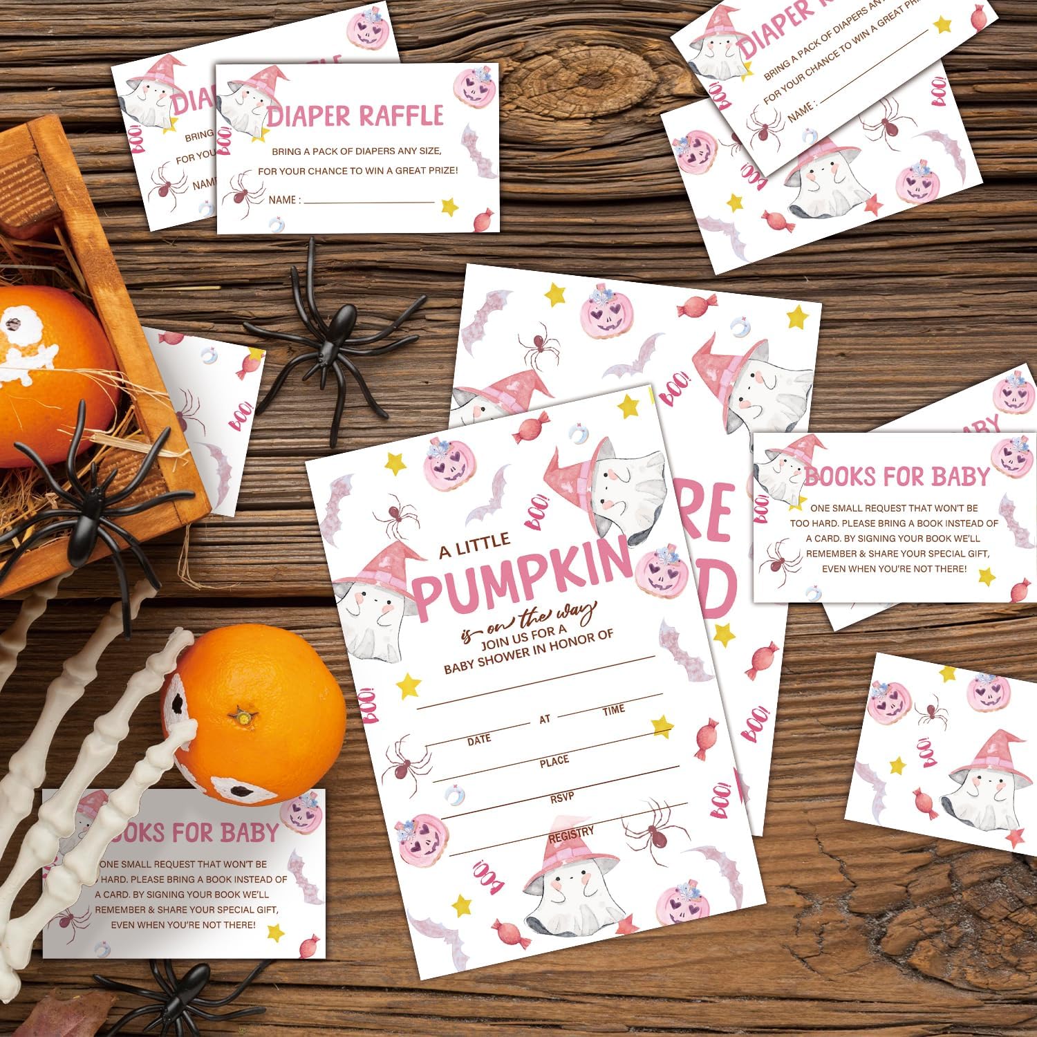 Detalle 1 de HQLOW Pink A Little Pumkin Halloween Boo! Baby Shower Invitation Set