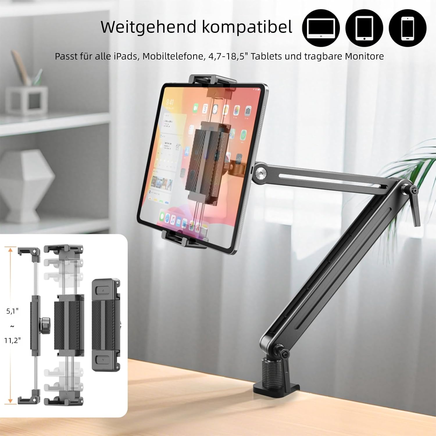Detalle 2 de Feising Tablet-Halterung für Tisch aus Aluminium – tragbar für 4,7 bis 18,5 Zoll (iPad & Galaxy)