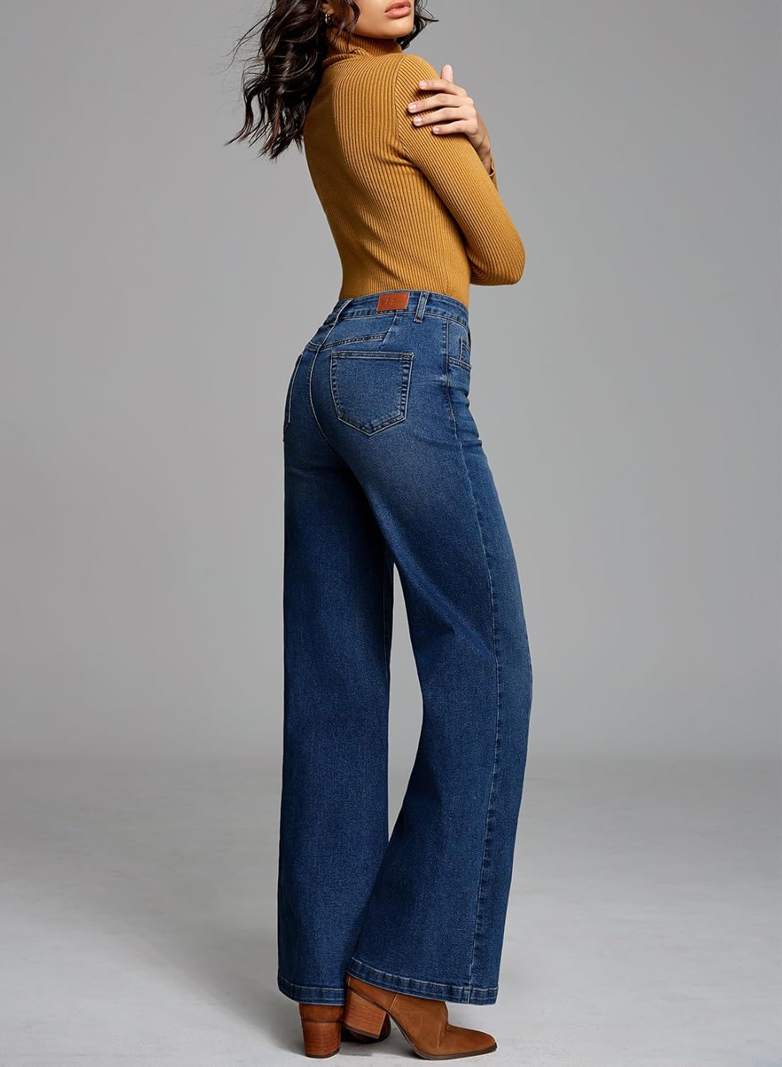 Detalle de Sidefeel Women’s Wide Leg High-Waisted Stretch Baggy Front Seam Jeans