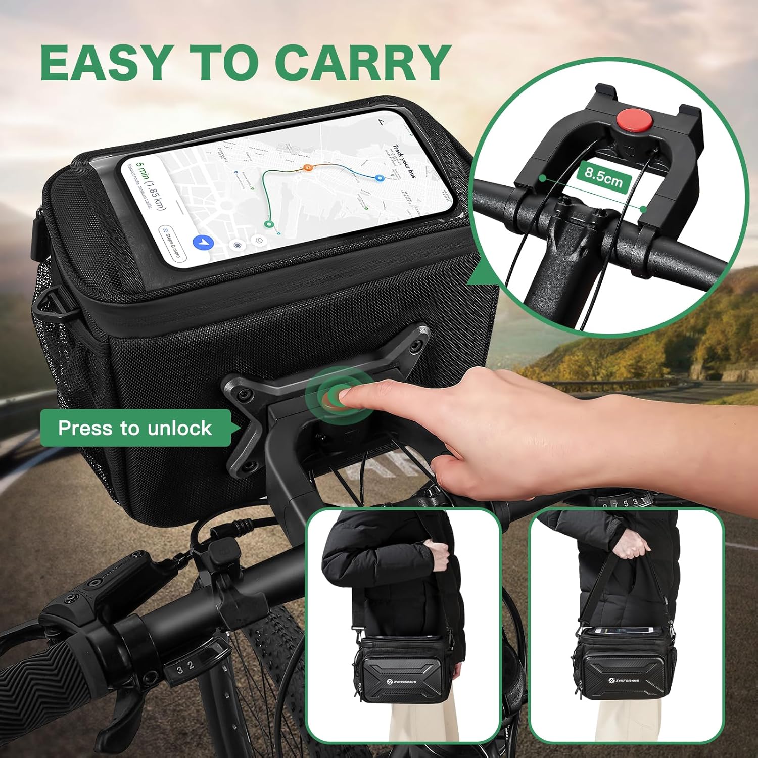 Detalle 2 de Zyxformis Sacoche Guidon avec Adaptateur – 6L, Écran Tactile et Étanche pour Vélos et Vélos Électriques