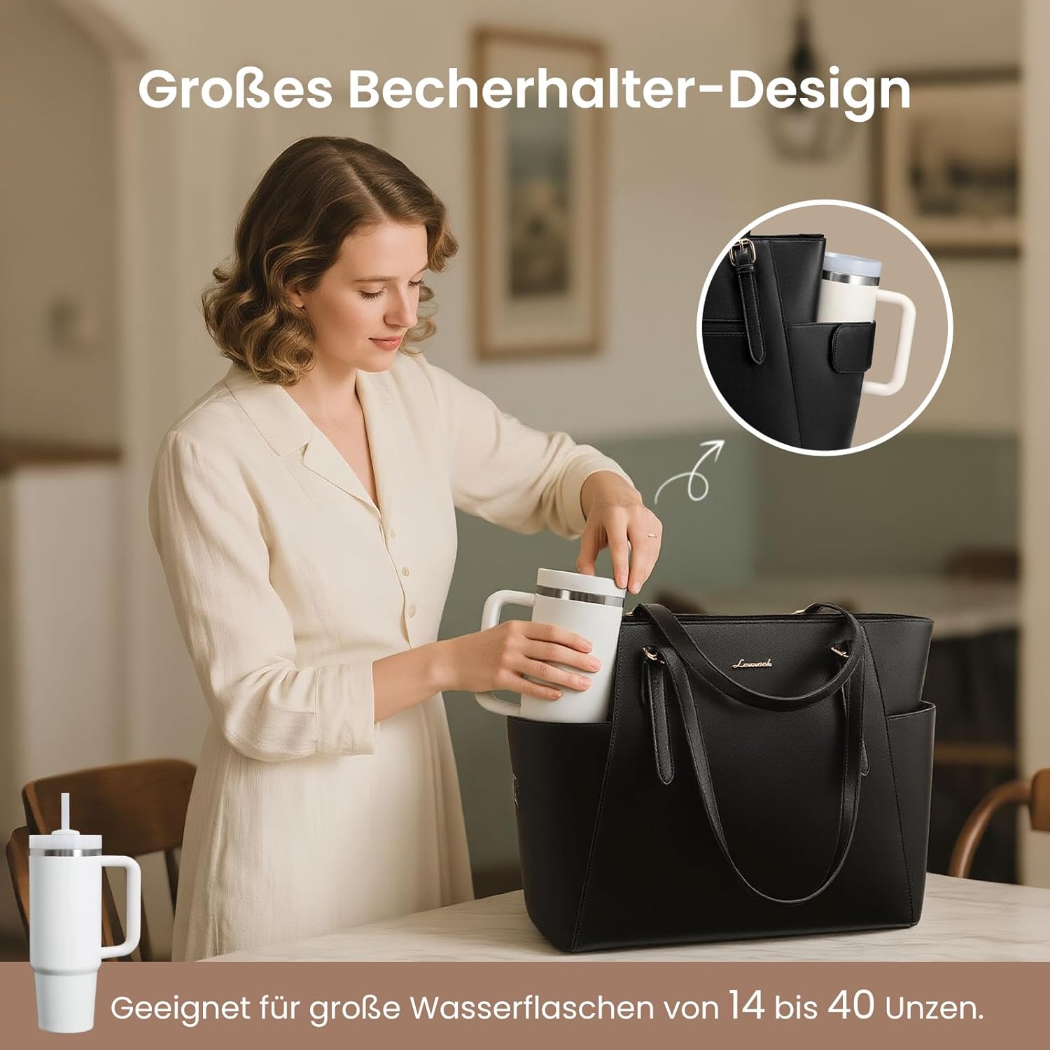 Thumbnail 2 de LOVEVOOK Damen Handtasche groß: PU-Ledertasche mit gepolstertem 17-Zoll-Fach und Flaschenhalter